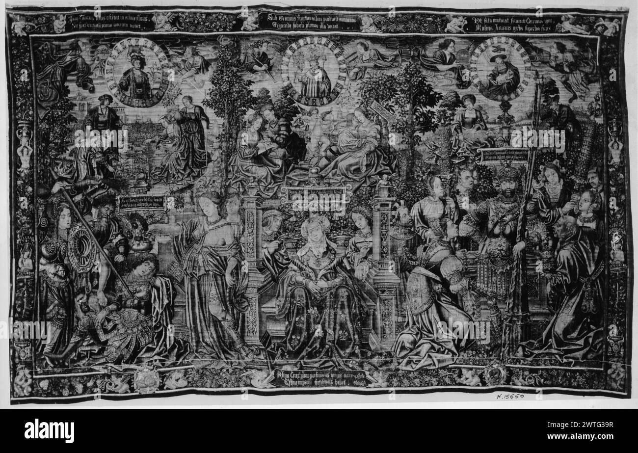 Le seconde tre epoche dell'uomo (età compresa tra i diciotto e i ventiquattro anni). Sconosciuto c. 1520 arazzi dimensioni: H 14'8' x W 23'3' arazzi materiali/tecniche: Lana (ordito: 16-20/poll.; 6-8/cm); lana e seta Cultura: Paesi Bassi meridionali storia di proprietà: French & Co. Acquistato da Raimundo Ruiz, fatturato 7/18/1930; [venduto a William Randolph Hearst?]. William Randolph Hearst Coll., San Simeon, CA; regalo al museo 1953. Stati Uniti, New York, New York, Metropolitan Museum of Art, accno. 53.221.2. Iscrizioni: Iscrizione in campo centrale su banderole, a sinistra: Alcides statuit prime.. Iscrizioni: Iscrizione Foto Stock