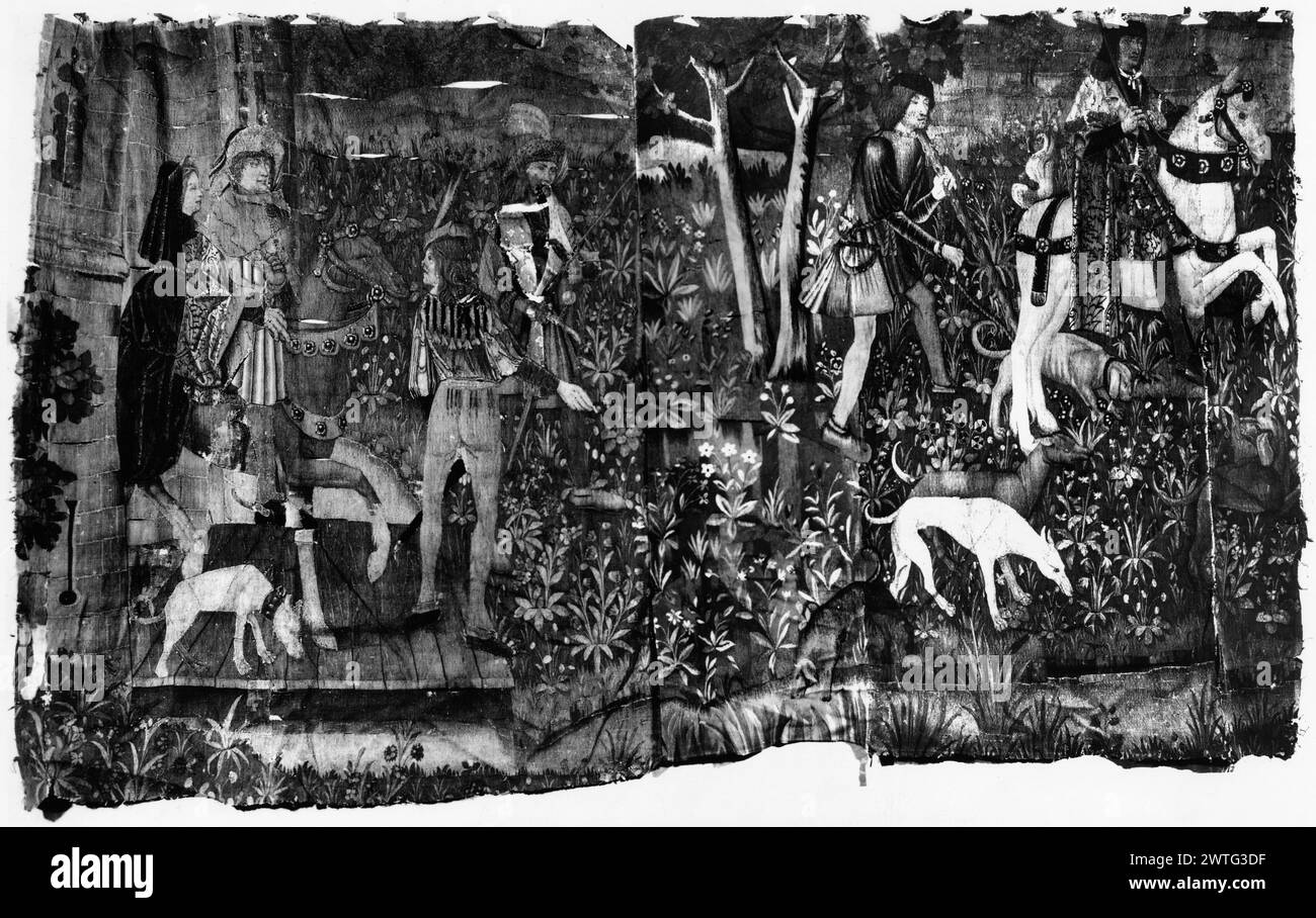 Festa di caccia che lascia il castello. Sconosciuto c. 1500 arazzi dimensioni: H 7'9' x W 13'6,5' arazzo materiali/tecniche: Lana Cultura: Olanda meridionale storia di proprietà: French & Co Lascito di Helen Hay Whitney (Mrs. Payne Whitney) 1944. Stati Uniti, New York, New York, Metropolitan Museum of Art, accno. 45.128.19 e 45.128.20. Nobile a cavallo, accompagnato da una signora seduta dietro di lui e che attraversa il ponte levatoio sul fossato (L), nobile montato a cavallo, con kennelman & Hounds (R), terreno parzialmente millefleurs ampiamente ritessuto arazzo (Campbell). GCPA 0182004 mostra 2 pannelli, precedentemente joi Foto Stock