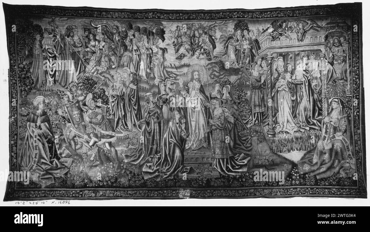 Risurrezione. Sconosciuto c. 1510-1515 arazzo dimensioni: H 14'2' x W 25'10' arazzo materiali/tecniche: Lana (ondulata, ordito: 5-6/cm); lana e seta (tinta, trama) Cultura: Paesi Bassi meridionali storia di proprietà: Cattedrale di Toledo fino al 1900 circa. Ascher Wertheimer coll. 1902. Weinberg coll. William Randolph Hearst coll. French & Co Stati Uniti, California, San Francisco, fine Arts Museums di San Francisco, accno. 54.14.3. Iscrizioni: Iscrizione in campo centrale, su banderole detenuta dalla figura di Zecharias a sinistra: ECCE REX TVVS VENIT TIBI ZECHAR IX iscrizioni: Iscrizione in campo centrale Foto Stock