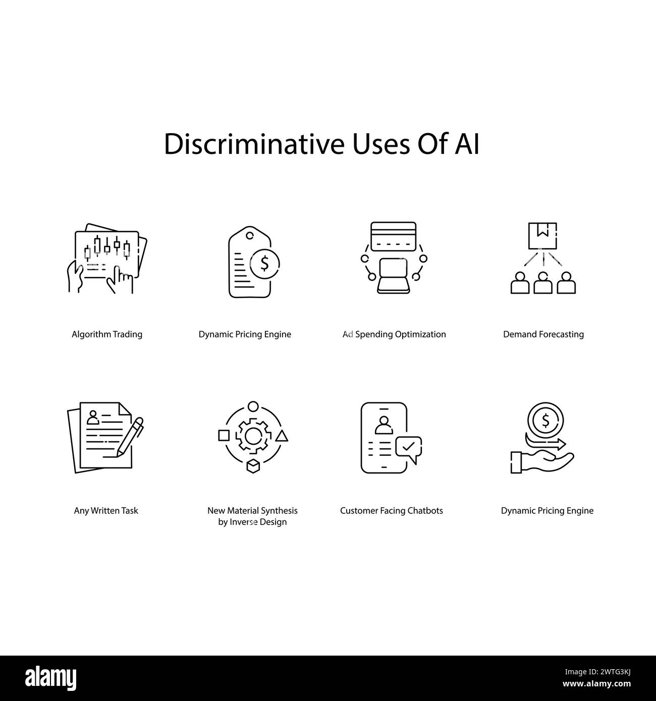 Set di icone AI Discrimination Vector che esplorano le preoccupazioni etiche Illustrazione Vettoriale