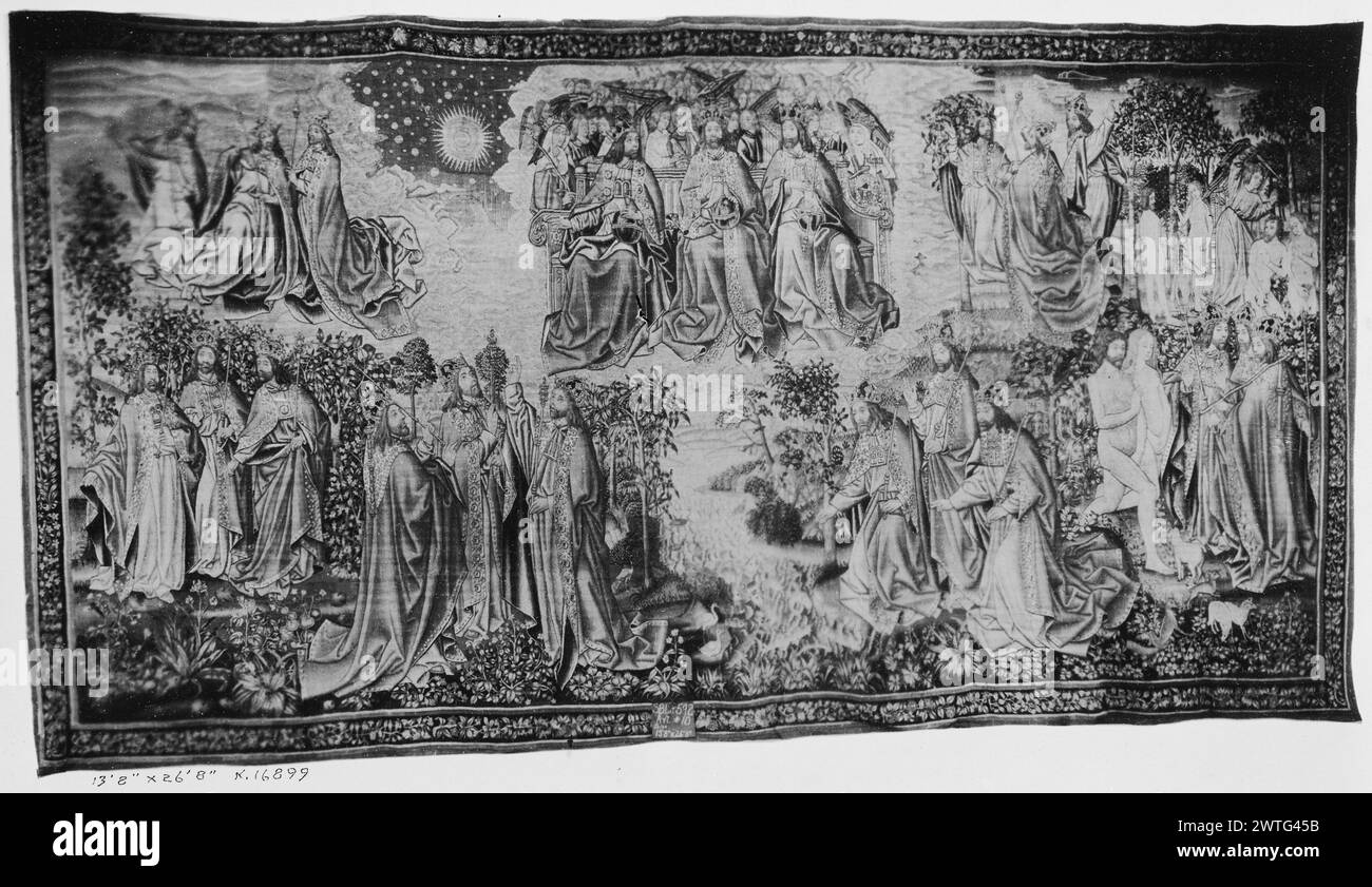 Creazione e caduta dell'uomo. Sconosciuto c. 1510-1515 arazzo dimensioni: H 13'10' x W 26'3' arazzo materiali/tecniche: Lana (ondulata, ordito: 5-6/cm); lana e seta (tinta, trama) Cultura: Paesi Bassi meridionali storia di proprietà: Cattedrale di Toledo (fino al 1900 circa). Ascher Wertheimer coll. (1902). Weinberg coll. William Randolph Hearst coll. (c.1912). French & Co Stati Uniti, California, San Francisco, fine Arts Museums di San Francisco, accno. 54.14.1. Iscrizioni: Iscrizione in campo centrale, identificazione figura (in alto, fianco Trnità): JUSTICIA Santa Trinità ('Trinitas coelestis': Padre, so Foto Stock