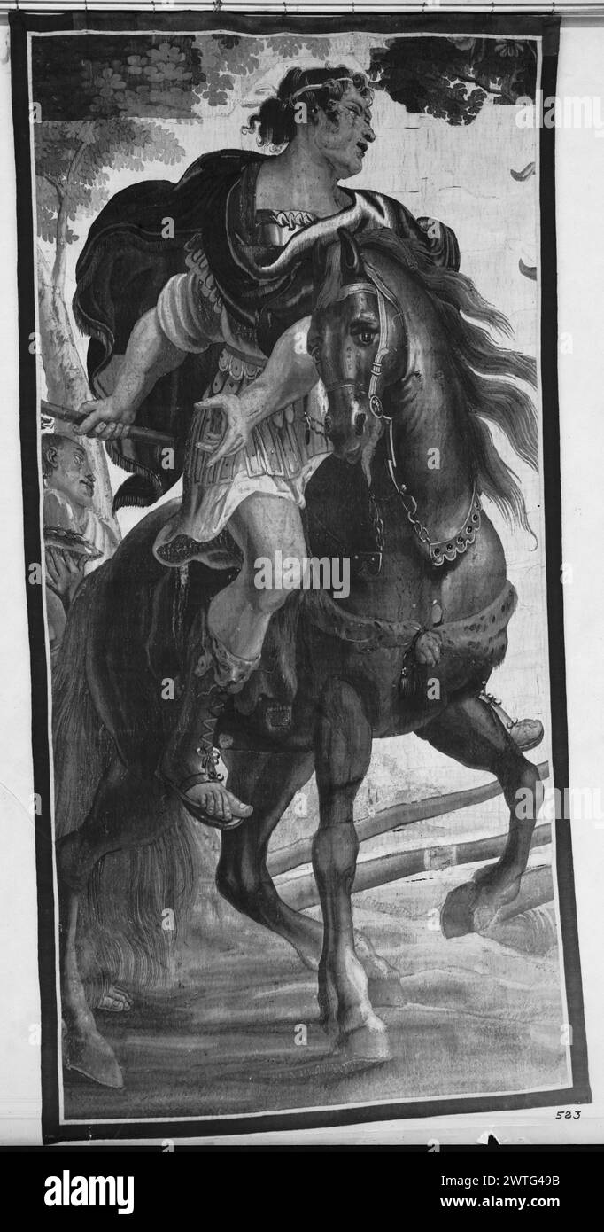 Frammento di incontro di Antonio e Cleopatra. Egmont, Justus van (olandese, 1601-1674) (disegnato dopo) [pittore] c. 1650 arazzi materiali/tecniche: Cultura sconosciuta: Flemish Weaving Center: Bruxelles Proprietà storia: French & Co.. Antony equitazione (centro, primo piano); capo dell'uomo (L, centro) frammento; senza confini. Nessun foglio di stock French & Co. In archivio, nessun codice Standen, Arazzi nel Metropolitan (1985), i:206-217, n. 32 Avery, NCCH, 302 opere correlate: Arazzi compositivamente simili (vista completa della composizione), GCPA 0239791 & 0239790, 0239794 (ciascuno con bordature diverse Foto Stock