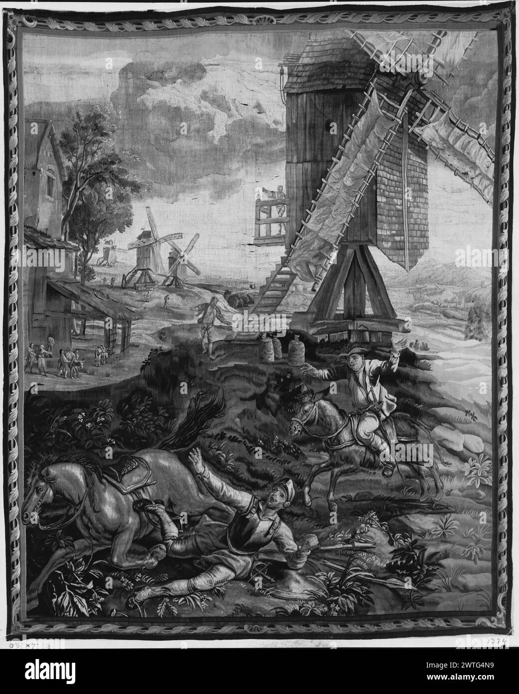 Don Chisciotte combatte contro i mulini a vento. Orley, Jan van (fiammingo, 1665-1735) (disegnato dopo) [pittore] Coppens, Augustin (fiammingo, 1668-1740) (disegnatore) c. 1710-1730 arazzi materiali/tecniche: Cultura sconosciuta: Flemish Weaving Center: Bruxelles storia della proprietà: French & Co. Nel paesaggio prima di un grande mulino a vento, don Chisciotte come cavaliere, caduto da cavallo è seguito da Sancho su asino (BRD) motivo a scorrimento stretto fogliame French & Co. Foglio di materiale mancante dall'archivio, 20083 Delmarcel, Flemish Tapestry (1999), 316-319 opere correlate: Pannelli in set: GCPA 0239211-0239213 Foto Stock