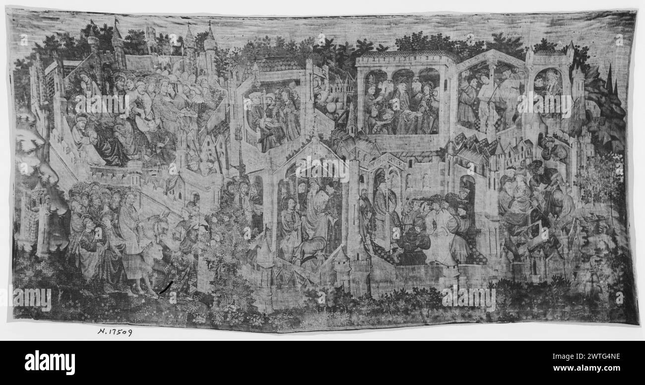 Passione di Cristo: Agonia di Cristo, prova di Cristo, Flagellazione, entrata in Gerusalemme e Corona con spine. Sconosciuto c. 1430 arazzi dimensioni: A 415 x L 815 cm arazzo materiali/tecniche: Lana (ordito: 5-6/cm); lana e seta (trama) Cultura: Paesi Bassi meridionali storia di proprietà: Arcivescovo D. Dalmao de Mur (inventario del 1521). French & Co Spagna, Saragozza, Saragozza, Cattedrale di la Seo. (Registro superiore, da L a R), Agonia in giardino, sul Monte degli Ulivi (Oelberg), Cristo prega nel Giardino del Getsemani durante la notte (Matteo 26:36-56; Marco 14:32-52; Luca 22:39-53; Giovanni 18:1-12); processo di Cristo Foto Stock