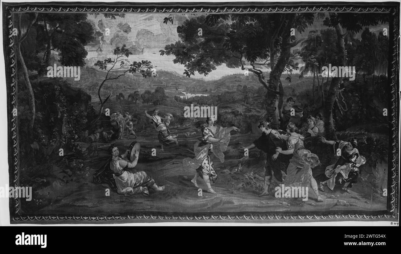 Scena dal pastore Fido. Sconosciuto c. 1720 arazzi materiali/tecniche: Sconosciuta Cultura: Flemish Weaving Center: Bruxelles storia della proprietà: French & Co. Nel paesaggio, donna piegata alla cieca che cammina a braccia aperte verso la coppia, mentre la donna seduta gioca il nastro a scorrimento tamburello (BRD) inframmezzato da piccoli fiori nessun foglio di materiale francese & Co. In archivio, nessun numero di stock Foto Stock