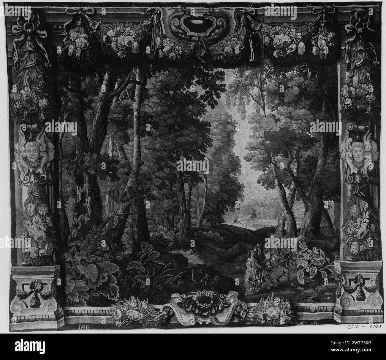 Paesaggio con signora, gentiluomo, cavallo e steward. Beveren, Boudewijn van (fiammingo, act.ca.1650) (laboratorio) [tessitore] c. 1650-1675 arazzi materiali/tecniche: Cultura sconosciuta: Tessitura fiamminga Centro: Bruxelles storia di proprietà: French & Co. Acquistato da Martin van Straaten 11/8/1916; venduto a I. [Isidore] Friedman 21/12/1929. Iscrizioni: Tessuta tessuta nella protezione inferiore, destra: B V BEVEREN [indietro N] opere correlate: Pannelli in set: GCPA 0236922-0236924 Foto Stock