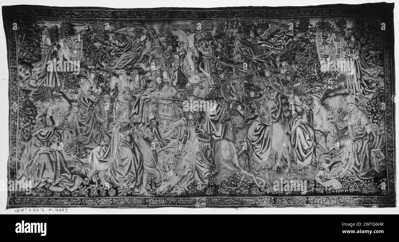 Combattimento di virtù e vizi. Sconosciuto c. 1510-1515 arazzo dimensioni: H 13'8' x W 26'2' arazzo materiali/tecniche: Lana (ondulata, ordito: 5-6/cm); lana e seta (tinta, trama) Cultura: Paesi Bassi meridionali storia di proprietà: Cattedrale di Toledo fino al 1900 circa. Ascher Wertheimer coll. 1902. Weinberg coll. William Randolph Hearst coll. French & Co Stati Uniti, California, San Francisco, fine Arts Museums di San Francisco, accno. 54.14.4. Iscrizioni: Iscrizione in campo centrale, su croce: INRI [=Iesus Nazarenus Rex Iudaeorum] iscrizioni: Iscrizione in campo centrale, su banderole detenuta da Foto Stock