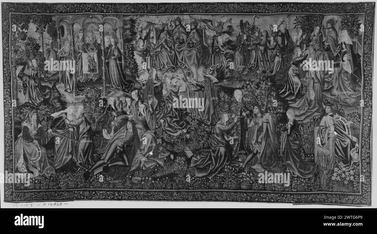 Pace e Misericordia vincono la promessa di redenzione per l'uomo. Sconosciuto c. 1500-1520 arazzi dimensioni: H 13'3' x W 26' arazzi materiali/tecniche: Lana (ordito: 14-15/poll.; 5-6cm); lana e seta (trama) Cultura: Paesi Bassi meridionali storia di proprietà: Juan Rodríguez de Fonsca coll., vescovo di Burgos (acquistato in totale 8 arazzi tra il 1519 e il 1524); lasciato in eredità alla Cattedrale di Burgos nel 1526. Cattedrale di Burgos coll.; venduta nel 1926. French & Co. Ha acquistato da Mr. R. [Raimundo] Ruiz, fatturato 5/7/1931; venduto al Metropolitan Museum of Art 2/4/1938. Stati Uniti, New York, New York, il Metropolitan Mus Foto Stock