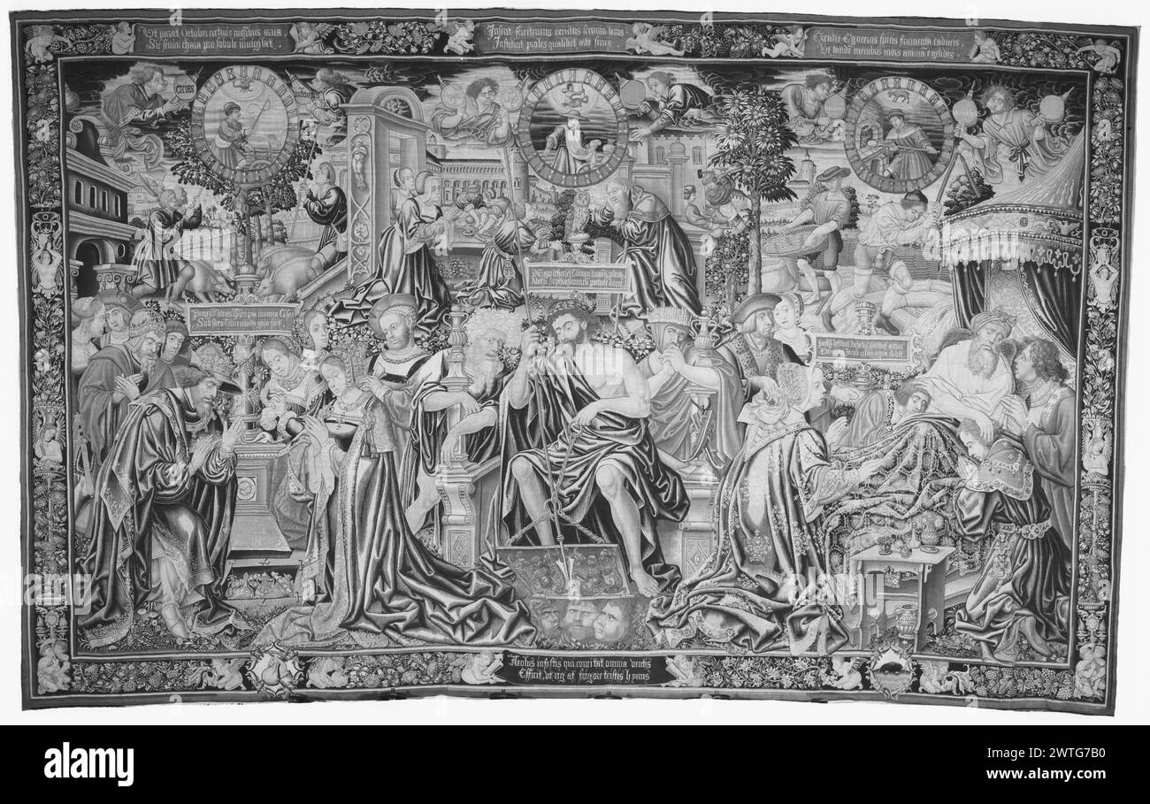 Le ultime tre epoche dell'uomo (54-60). Sconosciuto c. 1520 arazzi dimensioni: H 14'8' x W 23'3' arazzi materiali/tecniche: Lana (ordito: 16-20/poll.; 6-8/cm); lana e seta Cultura: Paesi Bassi meridionali storia di proprietà: French & Co. Acquistato da Raimundo Ruiz, fatturato 7/18/1930; [venduto a William Randolph Hearst?]. William Randolph Hearst Coll., San Simeon, CA; regalo al museo nel 1953. Stati Uniti, New York, New York, Metropolitan Museum of Art, accno. 53.221.4. Iscrizioni: Iscrizione in campo centrale su banderole, a sinistra: Pauperib[US] dedera Tyberi.. Iscrizioni: Iscrizione nel campo centrale Foto Stock