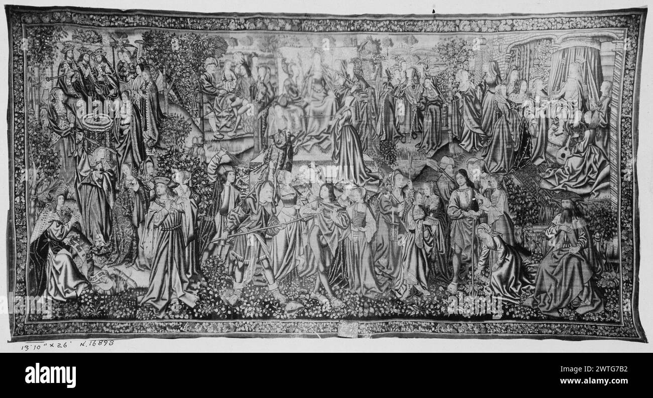 I vizi attaccano l'uomo. Sconosciuto c. 1510-1515 arazzo dimensioni: H 13'8' x W 26'5' arazzo materiali/tecniche: Lana (ondulata, ordito: 5-6/cm); lana e seta (tinta, trama) Cultura: Paesi Bassi meridionali storia di proprietà: Cattedrale di Toledo (fino al 1900 circa). Ascher Wertheimer coll. (1902). Weinberg coll. William Randolph Hearst coll. (c.1912). French & Co Stati Uniti, California, San Francisco, fine Arts Museums di San Francisco, accno. 54.14.2. Iscrizioni: Iscrizione in campo centrale, su banderole detenuta dal Profeta nell'angolo L [la ritessitura ha reso l'iscrizione illeggibile, ma può possbily avere re Foto Stock