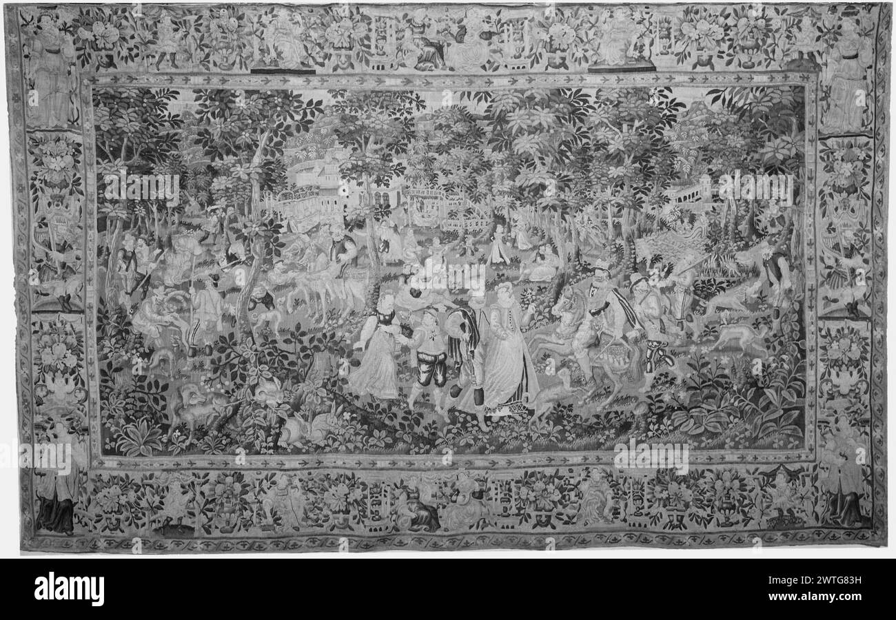 Parco giochi con uomini e signore che si aggirano dalla festa nel parco all'adiacente parco giochi. Sconosciuto c. 1575-1600 arazzi dimensioni: H 10'1' x W 16'4' arazzo materiali/tecniche: Cultura sconosciuta: Storia di proprietà fiamminga: French & Co. Ricevuto da Mrs. Alfred E. Dieterich 12/11/1952; restituito (n.d.). French & Co. Venduta al North Carolina Museum of Art 1/30/1956. Stati Uniti, North Carolina, Raleigh, North Carolina Museum of Art Foto Stock