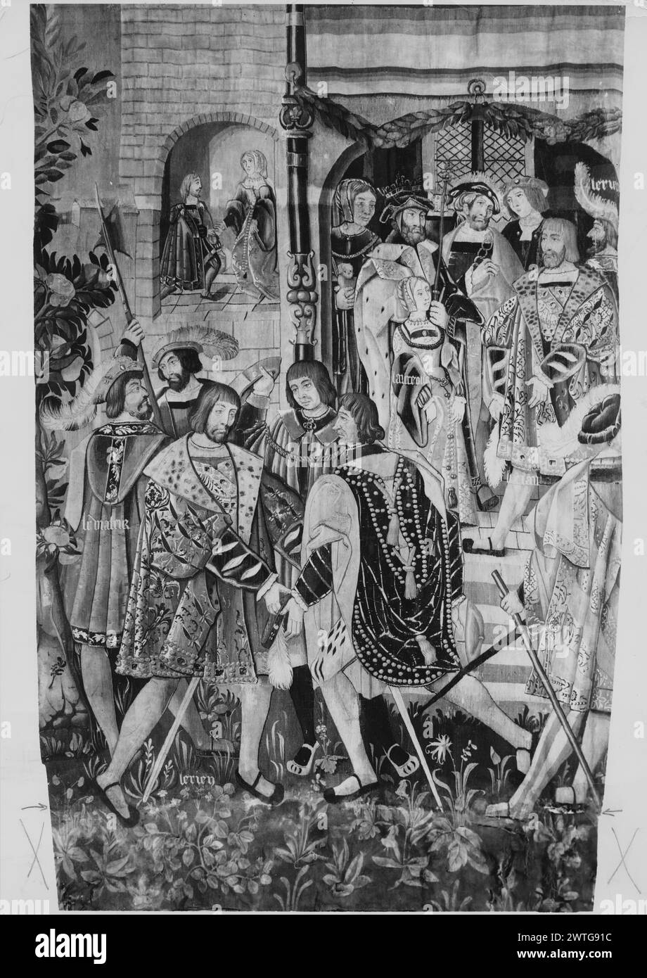Scena con re Lerien, Laurcolle e le matrir. Sconosciuto c. 1530 arazzi dimensioni: H 12' x W 7'10' arazzo materiali/tecniche: Sconosciuto Cultura: Flemish Weaving Center: Bruges Ownership History: French & Co. Ricevuto da Mrs. William Burton, 24/6/1952; restituito (?) 15/2/1963. Iscrizioni: Iscrizioni che identificano le figure in campo centrale: Lerien, laucolle, le matrir il re Lerien si trova all'esterno della porta del castello accompagnato da una donna identificata come Laurcolle e diversi signori, tra cui 1 identificato nell'iscrizione come "le matrir" French & Co. Foglio di archivio, 52291-x Foto Stock
