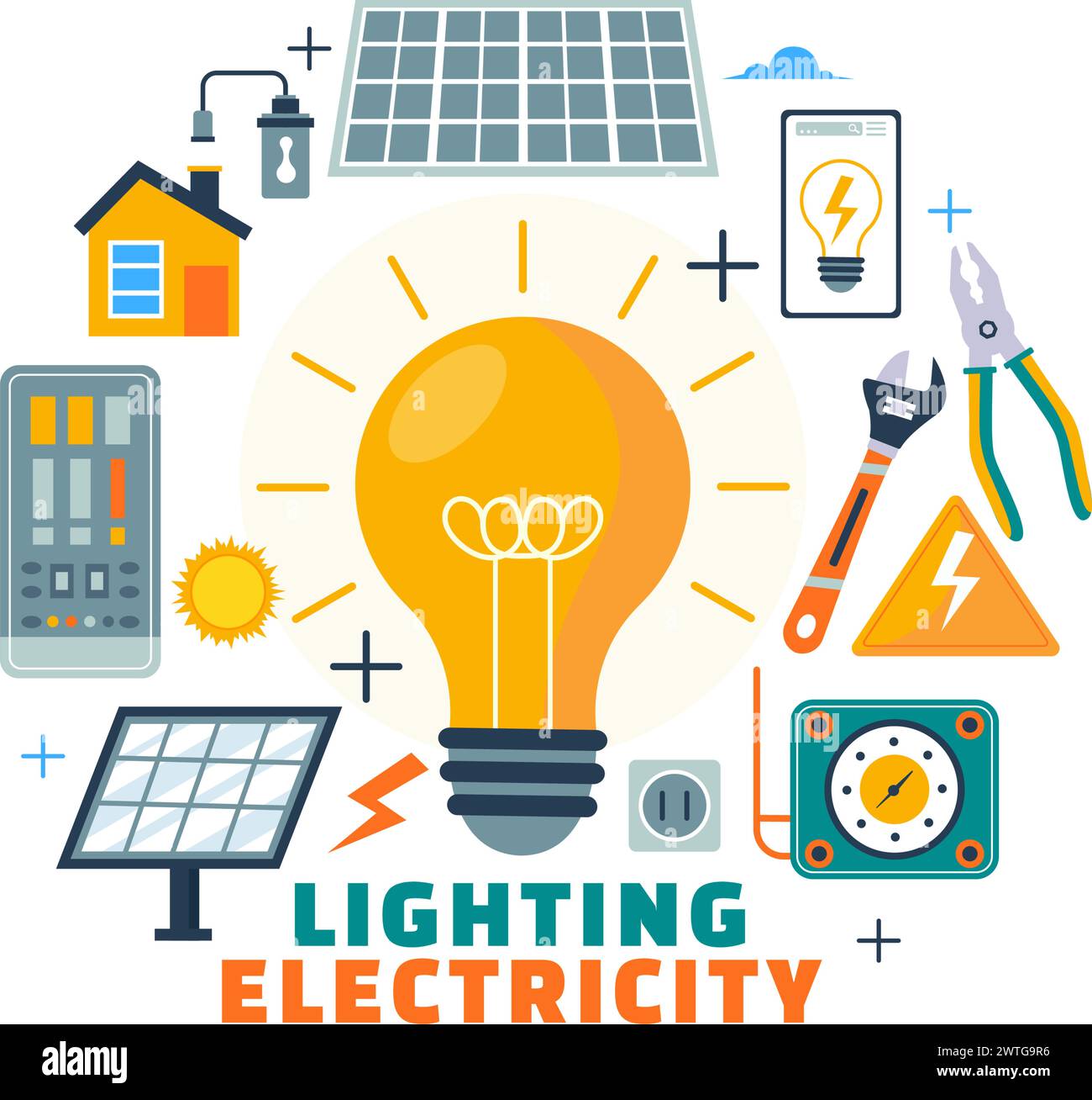 Illustrazione del vettore di illuminazione ed elettricità con lampada ed energia pannello di servizio armadio del tecnico interventi elettrici su sfondo piatto Illustrazione Vettoriale