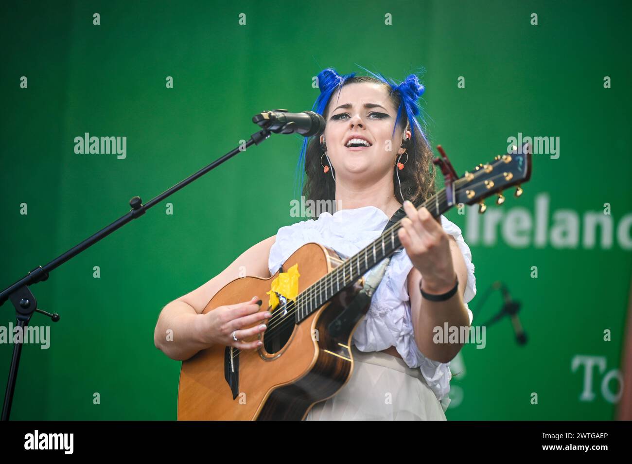 Londra, Regno Unito. 17 marzo 2024. BIIRD preforma le celebrazioni del giorno di San Patrizio 2024 la cultura irlandese spettacoli spettacolari, band irlandesi, ballerini irlandesi a Trafalgar Square. Credito: Vedi li/Picture Capital/Alamy Live News Foto Stock