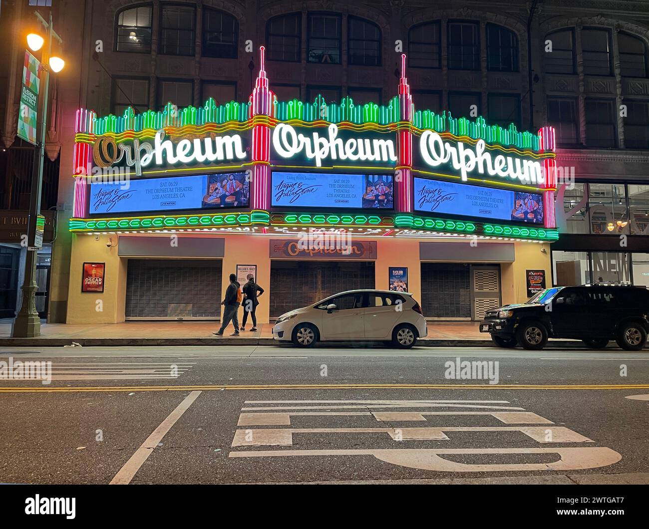 Orpheum, Teatro, art deco, architettura, notte, neon, light, tendone, centro, Los Angeles, California, Stati Uniti Foto Stock