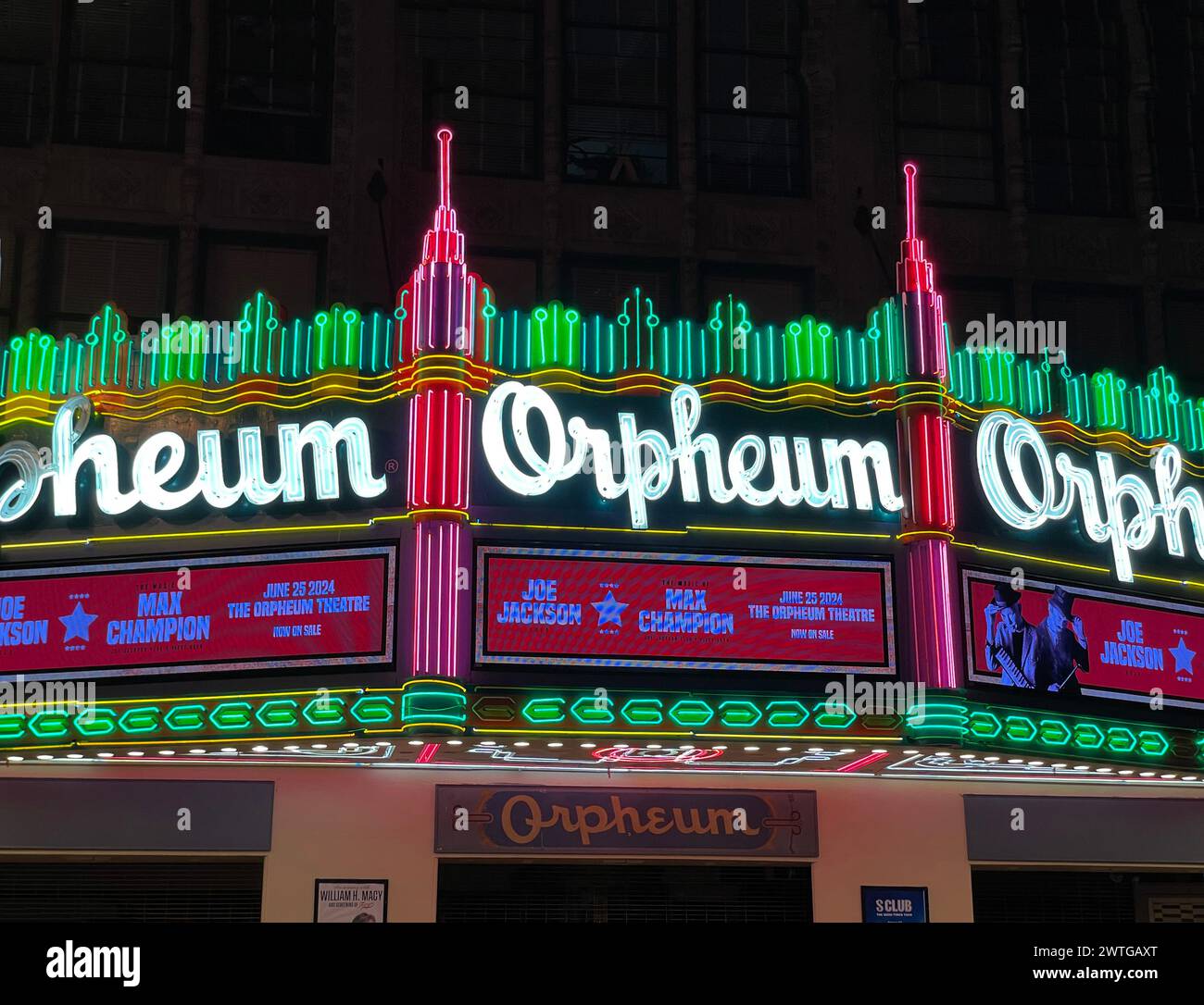 Orpheum, Teatro, art deco, architettura, notte, neon, light, tendone, centro, Los Angeles, California, Stati Uniti Foto Stock