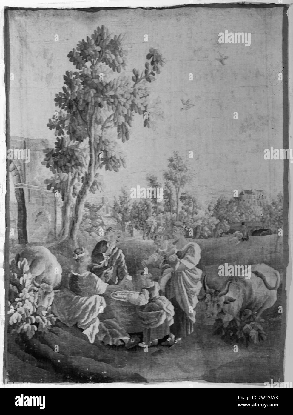 Componi. Huet, Jean-Baptiste (francese, 1745-1811) (disegnato dopo) [pittore] c. 1780-1810 arazzi dimensioni: H 7'6' x W 5'9' arazzo materiali/tecniche: Cultura sconosciuta: Centro tessitura francese: Aubusson storia di proprietà: French & Co. Acquistato da Robert Z. Hawkins, ricevuto 8/12/1941; venduto al Dottor A. D. [Alberto Dominique] Campora 3/1/1949. Nel paesaggio con edifici (L), alberi e piante, un gruppo di uomini e donne con bambini che guardano un quadrante solare e fiancheggiati dal pascolo del bestiame; cancello ad arco (L) e ponte ad arco in lontananza mancano i confini. Questo arazzo è spesso visto come la metà sinistra di un larg Foto Stock