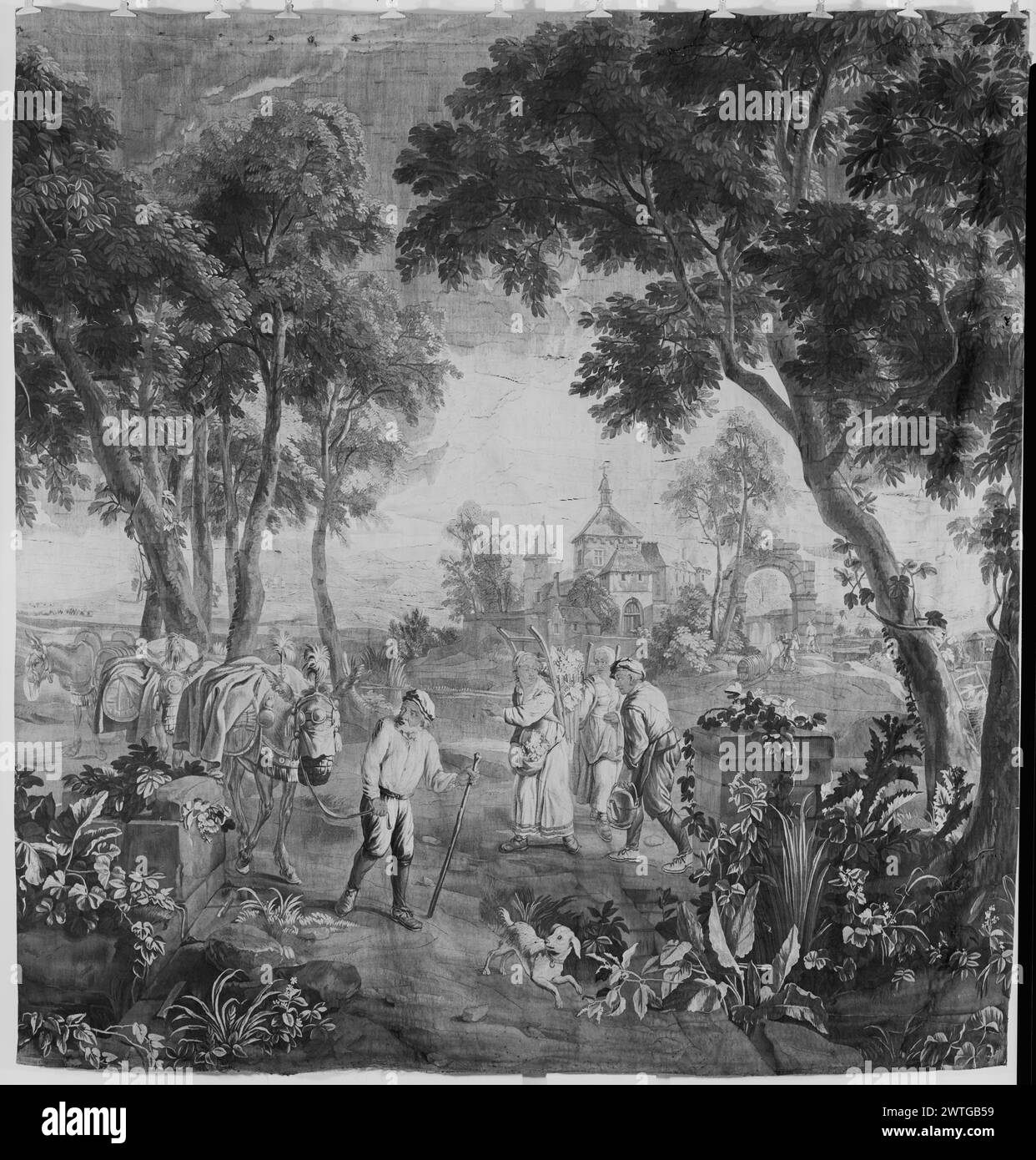 Scena paesaggistica. Teniers, David II (fiammingo, 1610-1690) (disegnato dopo) [pittore] c. 1700-1775 arazzi dimensioni: H 11' x W 10'6' arazzo materiali/tecniche: Cultura sconosciuta: Flemish Weaving Center: Bruxelles storia della proprietà: French & Co. Acquistato dalla Sig.ra Frank Close 11/3/1958; venduto al Sig. F. B. Doane 4/28/1959. Le figure che tornano dalla raccolta di fiori, fai una pausa per guardarne un altro mentre guidano il treno degli asini; mancano i confini del castello nelle vicinanze. French & Co. Foglio di magazzino in archivio, B-150 Foto Stock