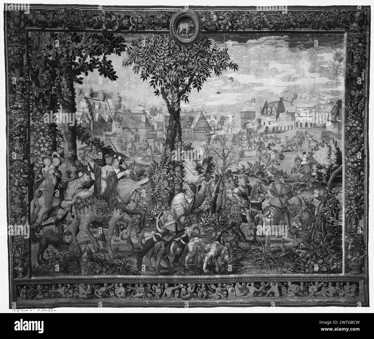 Arrivo al rifugio di caccia. Orley, Bernart van (olandese (prima del 1600) - Fiandre, CA.1492-1542) (autore di design, attr.) [Pittore] Lacroix, Jean de II (francese, ca.1640-d.1714) (laboratorio) [tessitore] 1692-1693 arazzi dimensioni: H 14'3' x W 17'3' arazzi materiali/tecniche: Lana e seta (ordito: 19-21/inch) Cultura: Tessitura francese Centro: Parigi storia di proprietà: Garde Meuble (1693-ca. 1789). Château de Fontainebleau (ca. 1789). Probabilmente a Mme d'Houdemare coll. (bef. 1903). A. Doucet, Parigi (1909). Mrs. Whitelaw Reid Coll., Ophir Hall, Purchase, New York; venduta alla American Art associati Foto Stock