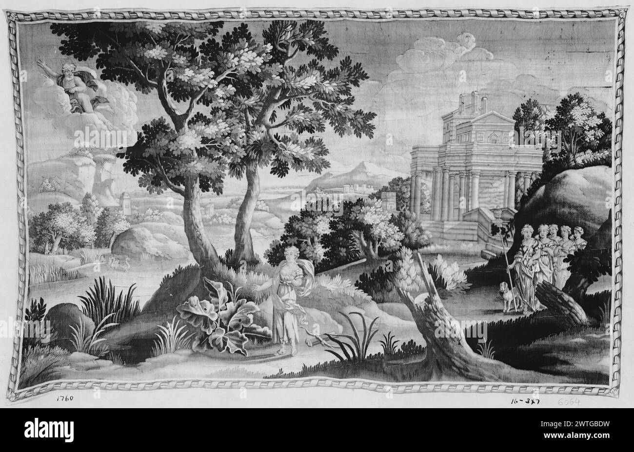 Diana e ninfe. Sconosciuto c. 1675-1725 arazzi dimensioni: H 7' x W 16'3' arazzo materiali/tecniche: Sconosciuto Cultura: Flemish Weaving Center: Unknown Ownership History: French & Co. Acquistato dalla Spanish Art Gallery 9/25/1916. Nella foresta, Diana e le sue ninfe con cane da caccia si avvicinano ninfa in piedi da soli su un albero; nastro a spirale (a destra) (BRD) il foglio di stock attribuisce la fabbrica come Mortlake. French & Co. Foglio di magazzino in archivio, 6064 opere collegate: Pannelli in serie: GCPA 0236364-0236366, 0184626 Foto Stock