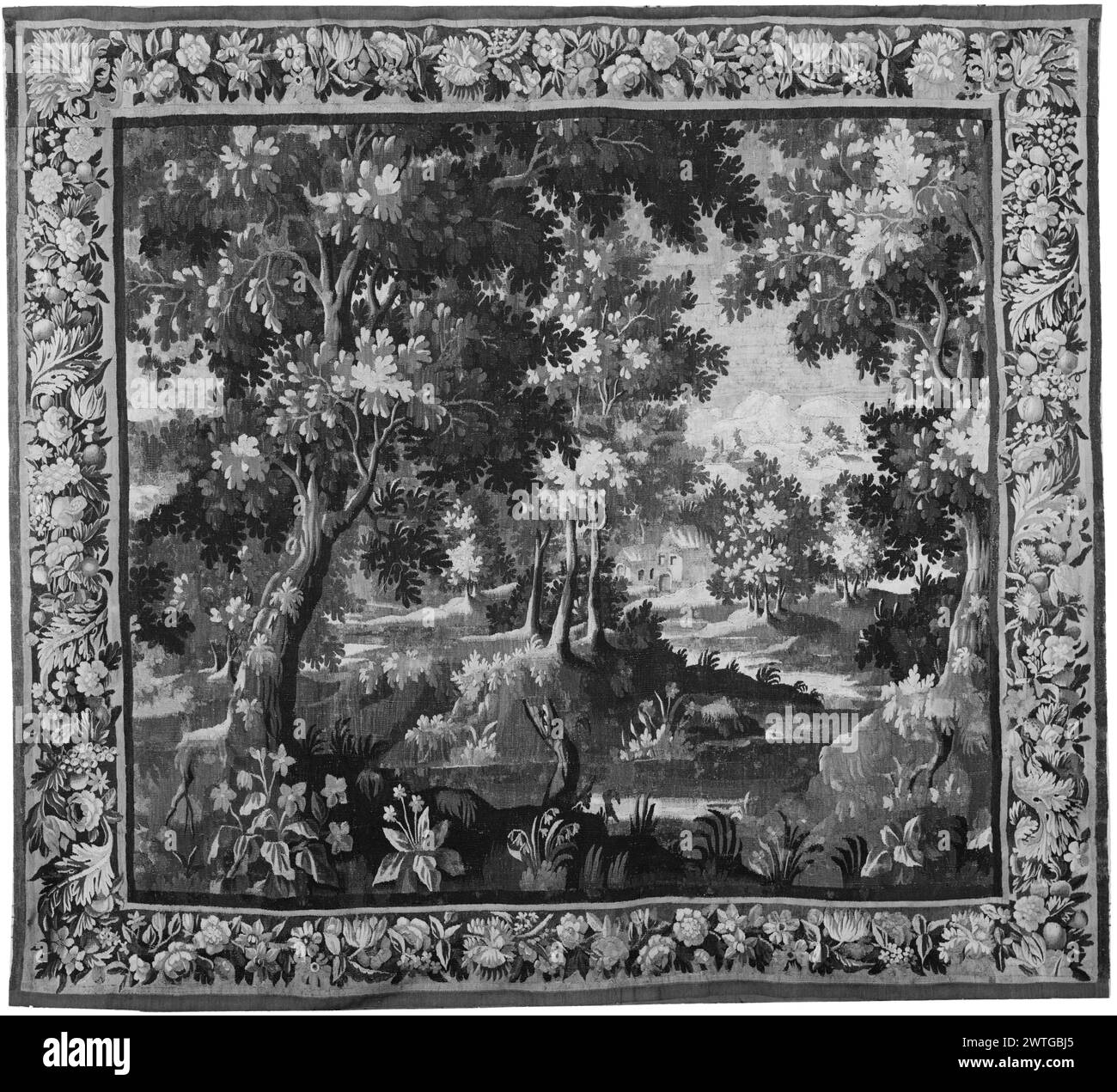 Paesaggio con due cottage in lontananza. Sconosciuto c. 1675-1725 arazzi dimensioni: H 9'4' x W 9' arazzi materiali/tecniche: Sconosciuto Cultura: Flemish Weaving Center: Unknown Ownership History: French & Co. Acquistato da Demotte, fatturato 3/3/1925; venduto a Paul Forrester 7/10/1928 [SS 25774]. French & Co. Ha acquistato da Paul Forrester, fatturato il 20/5/1931; venduto alla sig.ra L. C. Phipps 1/20/1933 [SS 17229]. French & Co. Ha acquistato da Olaf Jonson n.d.; venduto alla sig.ra Milton Rettenberg 5/14/1945 (potrebbe aver acquistato "a" o "b" o entrambi; non chiaro sul foglio di magazzino) [SS 75103]. Foto Stock