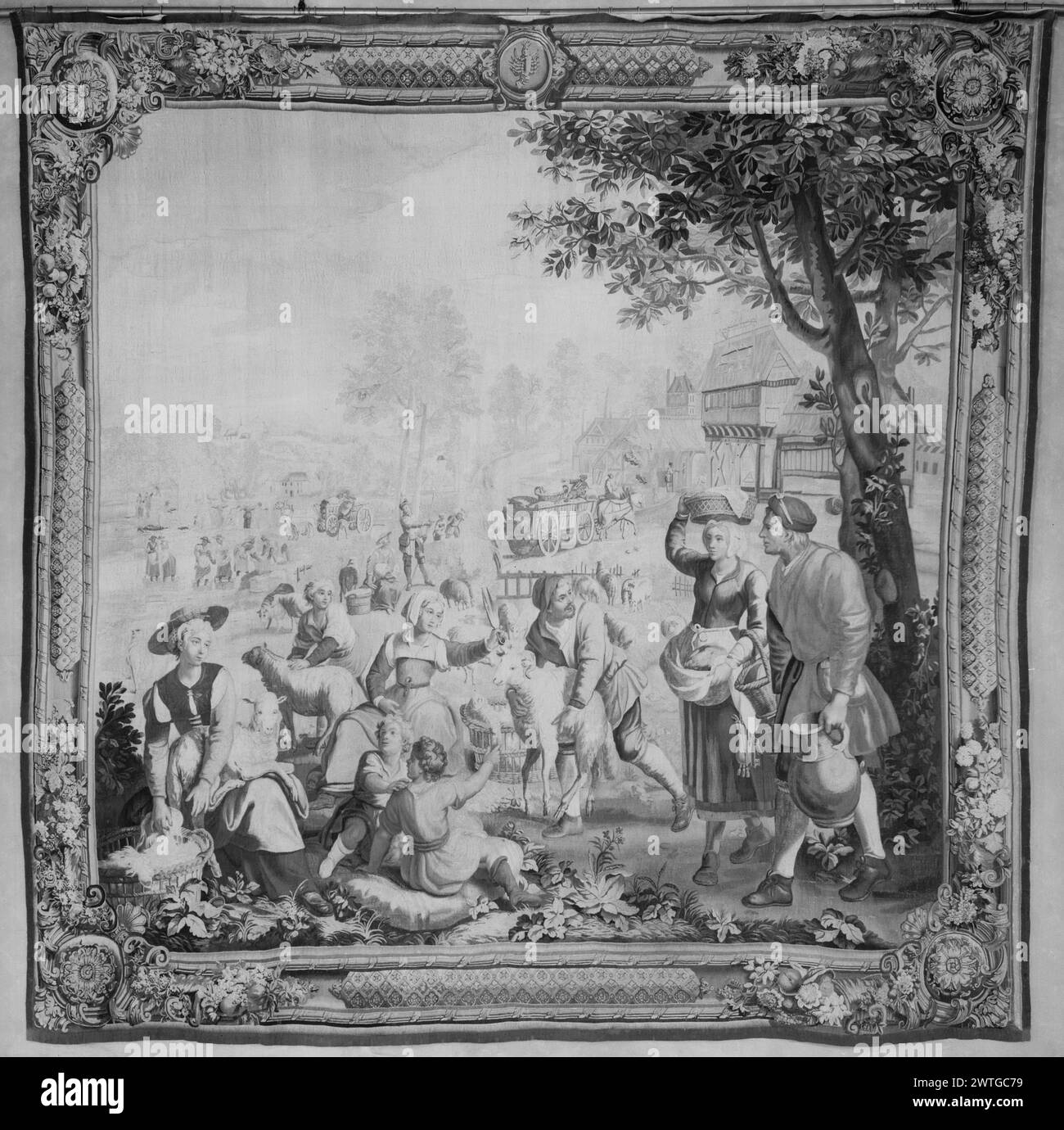 Giugno. Master of the Months of Lucas (Netherlandish (before 1600), 1535) (autore di design) [Painter] c. 1731-1743 arazzi dimensioni: H 11'7 x W 11'7' arazzo materiali/tecniche: Cultura sconosciuta: French Weaving Center: Paris Ownership History: Lord Winborne coll., Winborne Castle. Marchese da Foz coll., Lisbona. Peter A. B. Widener & Joseph E. Widener coll., Lynnewood Hall, Elkins Park Pennsylvania; venduto a Samuel T. Freeman (Philadelphia), 21/6/1944, lotto 489. French & Co. Ha acquistato da Jack Linsky 6/20/1944 (o 6/21/1944?); venduto a Mr. Mustapha Segueni 14/2/1962. Forbici per bambini, pecore e donne Foto Stock