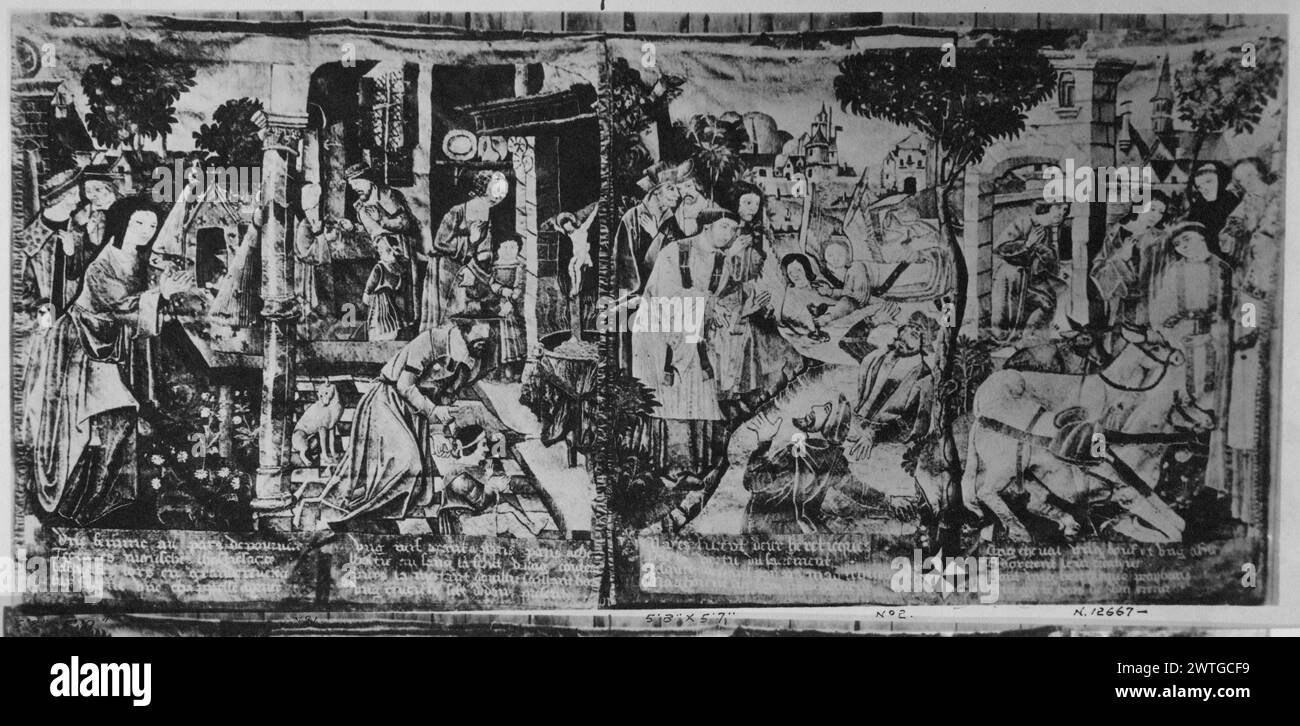 Doppio pannello di arazzi con quattro scene. Sconosciuto c. 1500-1535 arazzo dimensioni: H 6'3' arazzo materiali/tecniche: Lana (ondulata, ordita); lana e seta (tinta, trama) Cultura: Olanda meridionale storia di proprietà: Abbazia di Notre-Dame-de-la-Charité, Ronceray ad Angers (si ritiene che sia dono di Dame Loyse le Roux). Comtesse Walsh de Serrant, di Château Plessy-Macé vicino ad Angiò (1793 o 1850?); venduta, da Larcher de Coupigny, 9/30-10/5/1880. M. Sigfried coll., di Château de Langeais. French & Co Francia, Indre-et-Loire, Langeais, Château-Musée de Langeais. Iscrizioni: Iscrizione nel campo centrale su Foto Stock