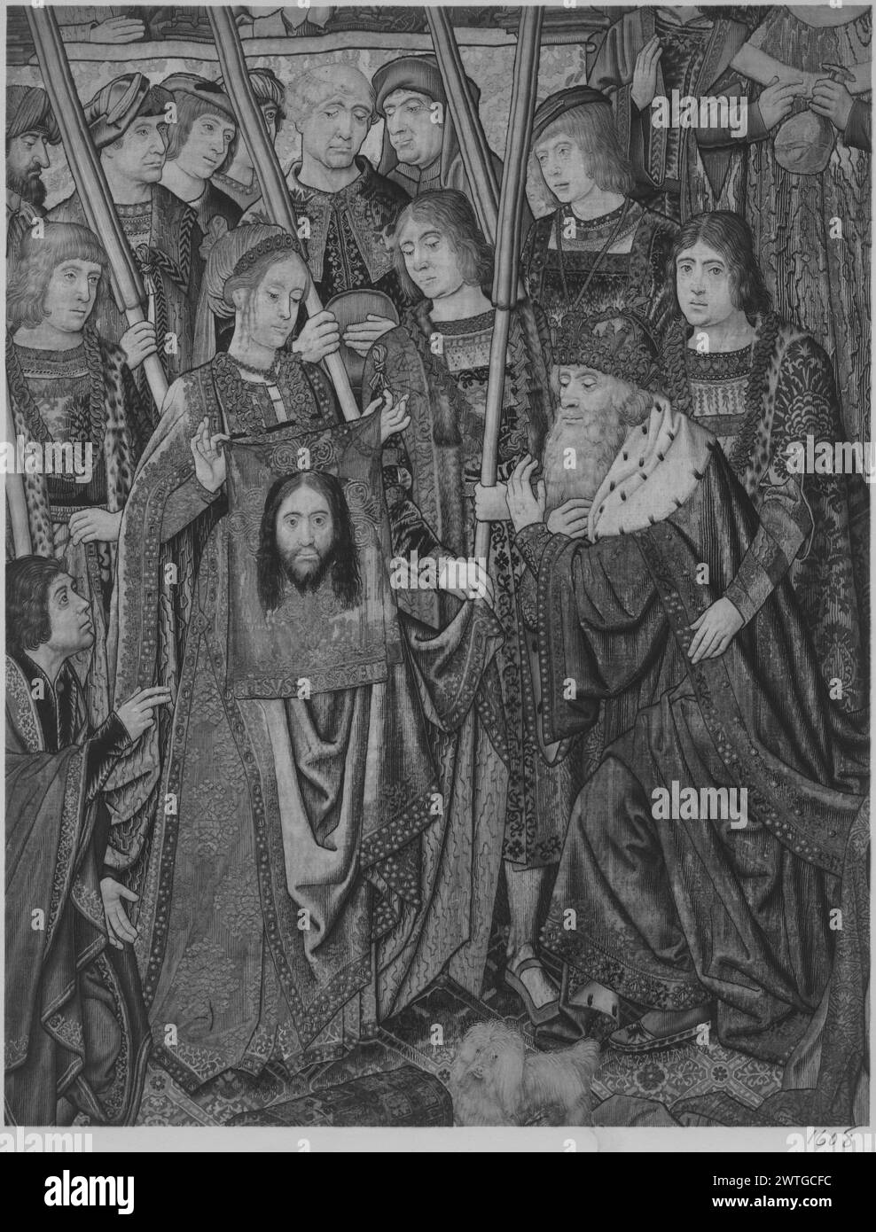 St Veronica con il suo velo con l'immagine di Cristo ('Sudarium') che guarisce l'imperatore Vespasiano (Tiberio). Sconosciuto c. 1510 arazzi dimensioni: A 3,34 x L 3,39 m arazzi materiali/tecniche: Lana e seta; filo metallico (oro); filo metallico (argento) Cultura: Paesi Bassi meridionali storia di proprietà: Sackville de Knole, Sevenoaks, Kent, Inghilterra. Jacques Seligmann & fils, Parigi. J. Pierpont Mogran coll., New York. French & Co. Acquistò da J. P. Morgan 8/15/1916; venduta a Philip Lehman 4/11/1916. Stati Uniti, New York, New York, Metropolitan Museum of Art, accno. 1975.1,1914. Iscrizioni: INS Foto Stock