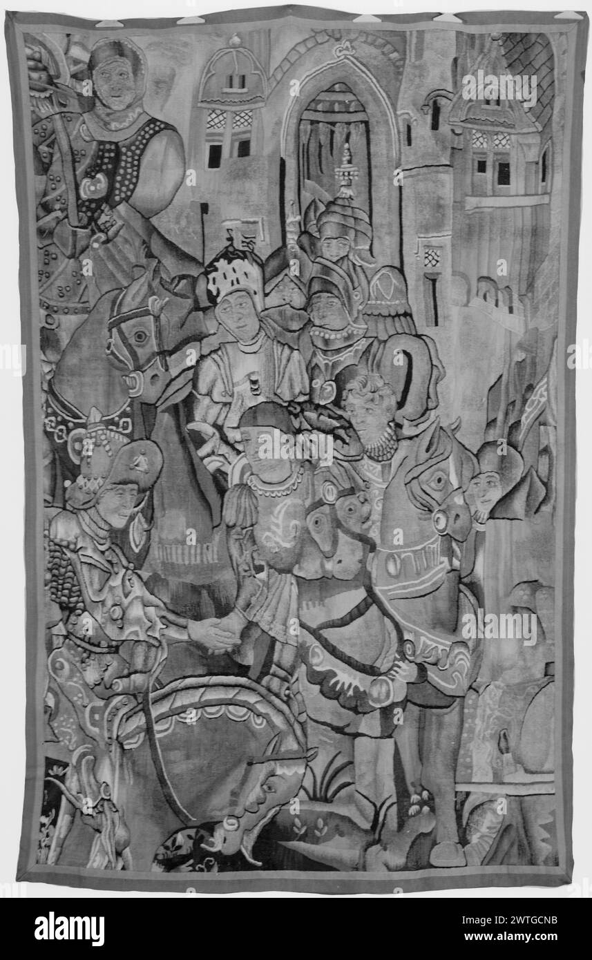 Conferenza tra Scipione e Annibale prima della battaglia di Zama . Sconosciuto c. 1475-1500 arazzi dimensioni: H 8'3' x W 5'5' arazzo materiali/tecniche: Sconosciuto Cultura: Sud Paesi Bassi tessitura Centro: Sconosciuto storia di proprietà: French & Co. Ricevuto da Keyishian Rug. Co. 1/2/1962; restituito il 28/2/1962. Iscrizioni: Iscrizione sul campo identificazione figura: HANIBAL 2 cavalieri a cavallo, inchinarsi e stringere le mani, soldati a cavallo (L, primo piano); porta della città (sfondo) frammento di arazzi. French & Co. Foglio di magazzino in archivio, e-262 Foto Stock