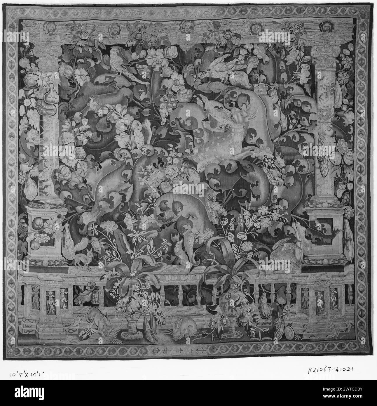 Proscenio a foglia grande con urne e balaustra. Sconosciuto c. 1550-1600 arazzi dimensioni: H 10'1' x W 10'7' arazzo materiali/tecniche: Sconosciuto Cultura: Fiammingo tessitura Centro: Sconosciuto Proprietà storia: French & Co. Acquistato da Arden Galleries 10/9/1929. Proscenio formato da balaustra che sostiene 2 colonne e traballamento con maschere; 2 urne che tengono il fogliame, 2 conigli e frutta davanti alla balaustra in primo piano; piante e frutti in mezzo a grandi foglie simili ad acanto a scorrimento abitate da animali galoppanti, piccoli roditori, pappagalli e altri uccelli (BRD) banda stretta con ghiglioche Foto Stock