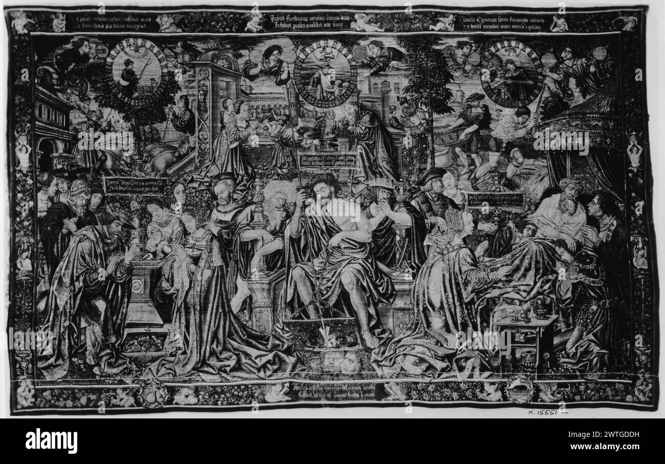 Le ultime tre epoche dell'uomo (54-60). Sconosciuto c. 1520 arazzi dimensioni: H 14'8' x W 23'3' arazzi materiali/tecniche: Lana (ordito: 16-20/poll.; 6-8/cm); lana e seta Cultura: Paesi Bassi meridionali storia di proprietà: French & Co. Acquistato da Raimundo Ruiz, fatturato 7/18/1930; [venduto a William Randolph Hearst?]. William Randolph Hearst Coll., San Simeon, CA; regalo al museo nel 1953. Stati Uniti, New York, New York, Metropolitan Museum of Art, accno. 53.221.4. Iscrizioni: Iscrizione in campo centrale su banderole, a sinistra: Pauperib[US] dedera Tyberi.. Iscrizioni: Iscrizione nel campo centrale Foto Stock