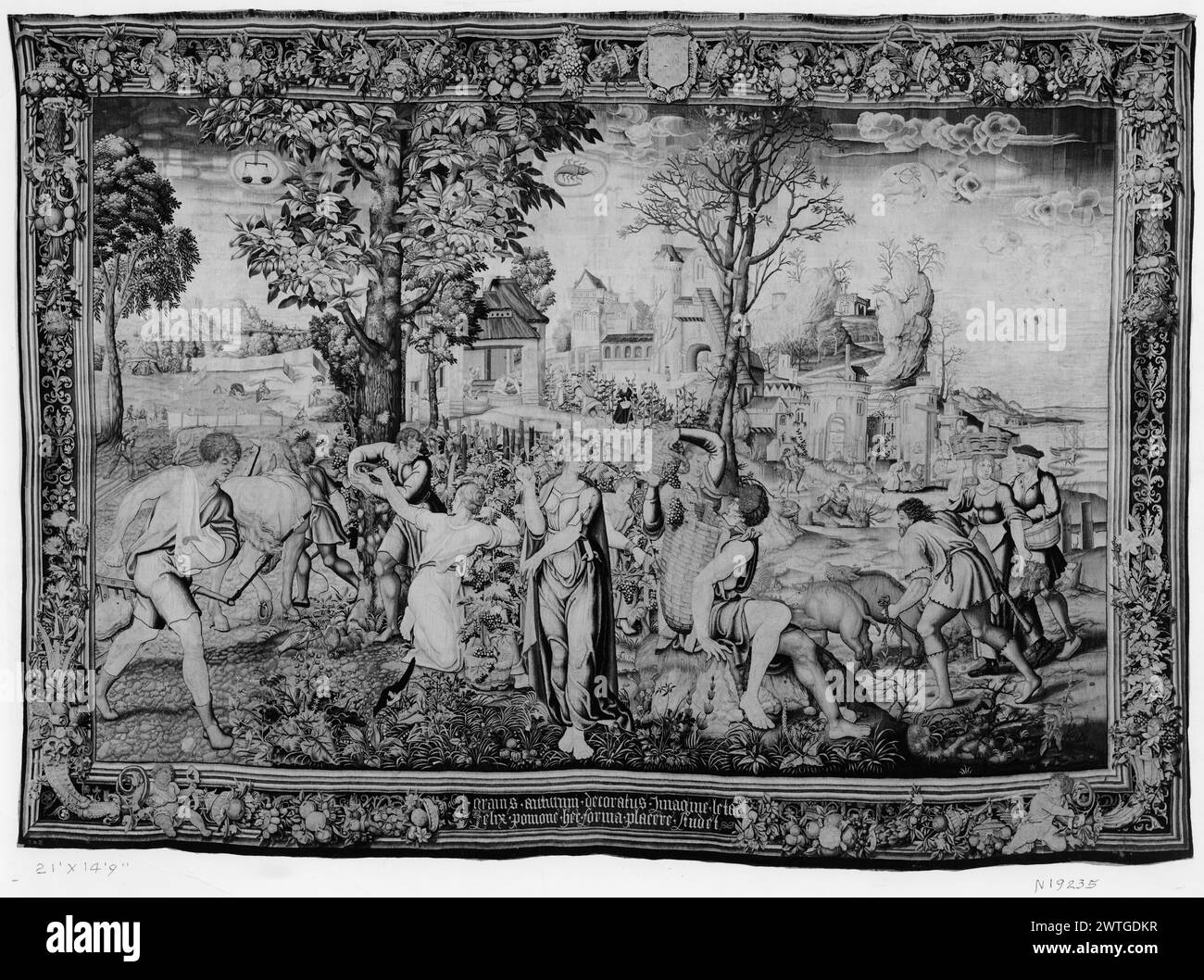 Pomona tra i frutti d'autunno. Sconosciuto c. 1535-1550 arazzi dimensioni: H 14'9' x W 21' arazzi materiali/tecniche: Sconosciuto Cultura: Fiamminga tessitura Centro: Bruxelles storia della proprietà: Venduto a Hôtel Drouot (Parigi), 4/7/1877, lotto 32 (vendita Duc de Berwick et d'Albe). Barone D'Erlanger coll. William Randolph Hearst coll., dal 1941. French & Co Austria, Vienna, Vienna, Sammlung für Plastik und Kunstgewerbe. Iscrizioni: Segno della città sulla guardia inferiore, a sinistra iscrizioni: Iscrizione latina sul bordo inferiore figura in piedi di Pomona, che tiene un frutto in mano destra, scena divisa da alberi in 3 Foto Stock