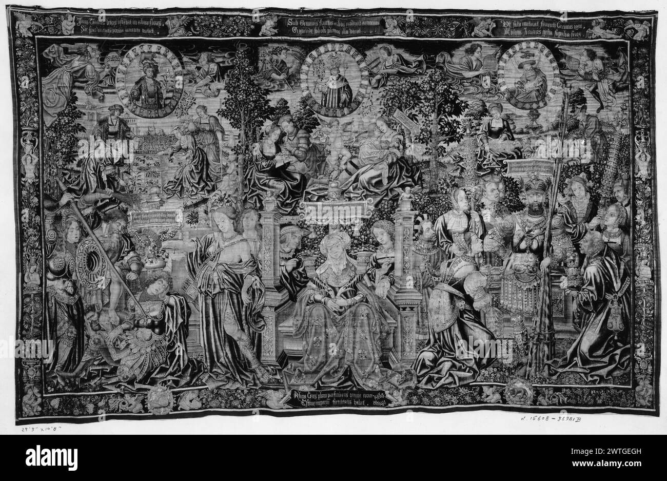 Le seconde tre epoche dell'uomo (età compresa tra i diciotto e i ventiquattro anni). Sconosciuto c. 1520 arazzi dimensioni: H 14'8' x W 23'3' arazzi materiali/tecniche: Lana (ordito: 16-20/poll.; 6-8/cm); lana e seta Cultura: Paesi Bassi meridionali storia di proprietà: French & Co. Acquistato da Raimundo Ruiz, fatturato 7/18/1930; [venduto a William Randolph Hearst?]. William Randolph Hearst Coll., San Simeon, CA; regalo al museo 1953. Stati Uniti, New York, New York, Metropolitan Museum of Art, accno. 53.221.2. Iscrizioni: Iscrizione in campo centrale su banderole, a sinistra: Alcides statuit prime.. Iscrizioni: Iscrizione Foto Stock