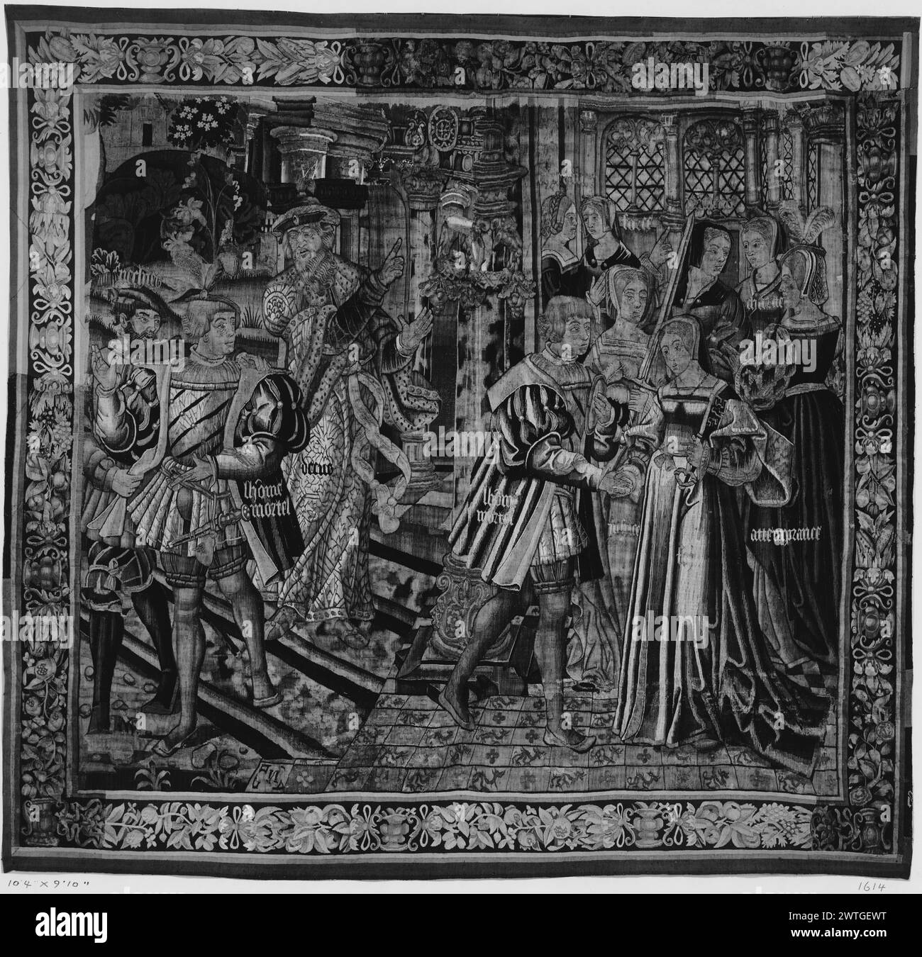 Allegoria di Mortal Man. Sconosciuto c. 1515-1530 arazzi dimensioni: H 9'10' x W 10'4' arazzo materiali/tecniche: Sconosciuto Cultura: Sud dei Paesi Bassi tessitura Centro: Sconosciuto storia di proprietà: French & Co. Acquistato da Morgan Collection 8/5/1916; venduto a George D. Widener 7/31/1920. Iscrizioni: tessitore non identificato o contrassegno della città sulla guardia destra, in basso iscrizioni: Iscrizioni che identificano le personificazioni: Lhome mortel, Intentrance, charite (?), force (?) Nella sala ornata la personificazione di Mortal Man si trova tra 2 figure maschili e guarda verso R; Mortal Man appare una seconda volta che stringe la h Foto Stock