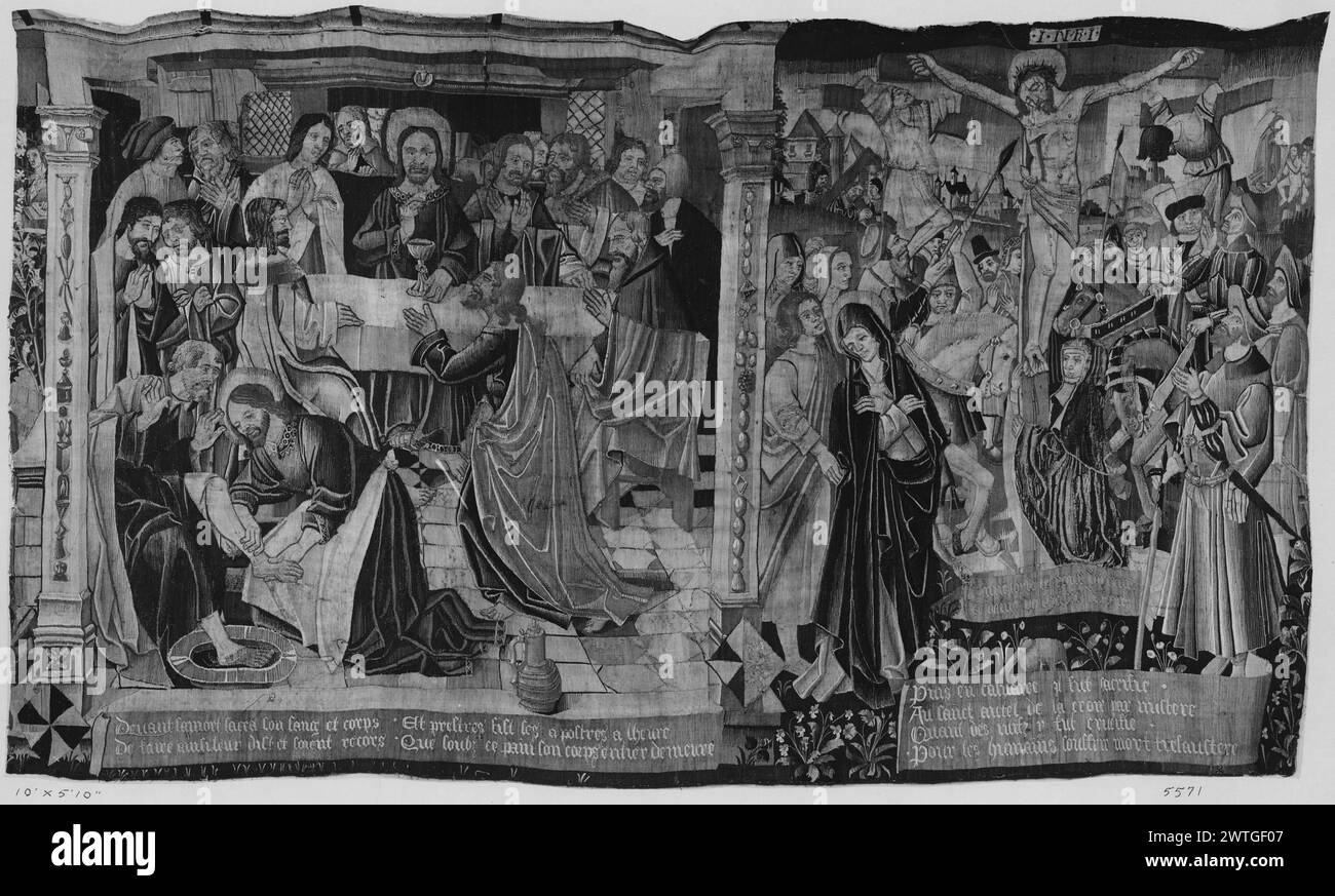 Passione di Cristo: Crocifissione di Cristo. Sconosciuto c. 1500-1535 arazzi dimensioni: H 5'10' x W 10' arazzo materiali/tecniche: Lana (ondulata, ordita); lana e seta (tinta, trama) Cultura: Paesi Bassi meridionali storia di proprietà: Abbazia di Notre-Dame-de-la-Charité, Ronceray a Angers (si ritiene che sia dono di Loyse le Roux Dame). Comtesse Walsh de Serrant, di Château Plessy-Macé vicino ad Angiò (1793 o 1850?); venduta da Larcher de Coupigny 9/30-10/5/1880. M. Lévy coll. French & Co Stati Uniti, Ohio, Oberlin, Allen Memorial Art Museum. Iscrizioni: Iscrizione in campo centrale, su croce: INRI [=Iesus Na Foto Stock
