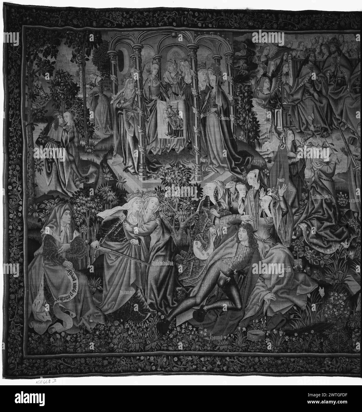 Pace e Misericordia vincono la promessa di redenzione per l'uomo. Sconosciuto c. 1500-1520 arazzi dimensioni: H 13'3' x W 26' arazzi materiali/tecniche: Lana (ordito: 14-15/poll.; 5-6cm); lana e seta (trama) Cultura: Paesi Bassi meridionali storia di proprietà: Juan Rodríguez de Fonsca coll., vescovo di Burgos (acquistato in totale 8 arazzi tra il 1519 e il 1524); lasciato in eredità alla Cattedrale di Burgos nel 1526. Cattedrale di Burgos coll.; venduta nel 1926. French & Co. Ha acquistato da Mr. R. [Raimundo] Ruiz, fatturato 5/7/1931; venduto al Metropolitan Museum of Art 2/4/1938. Stati Uniti, New York, New York, il Metropolitan Mus Foto Stock