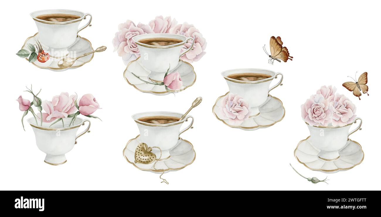 Set di composizioni con tazza di tè, fiori rosa e rosa all'anca, bacche rosse e farfalle marroni. Illustrazione ad acquerello floreale dipinta a mano isolata su Foto Stock