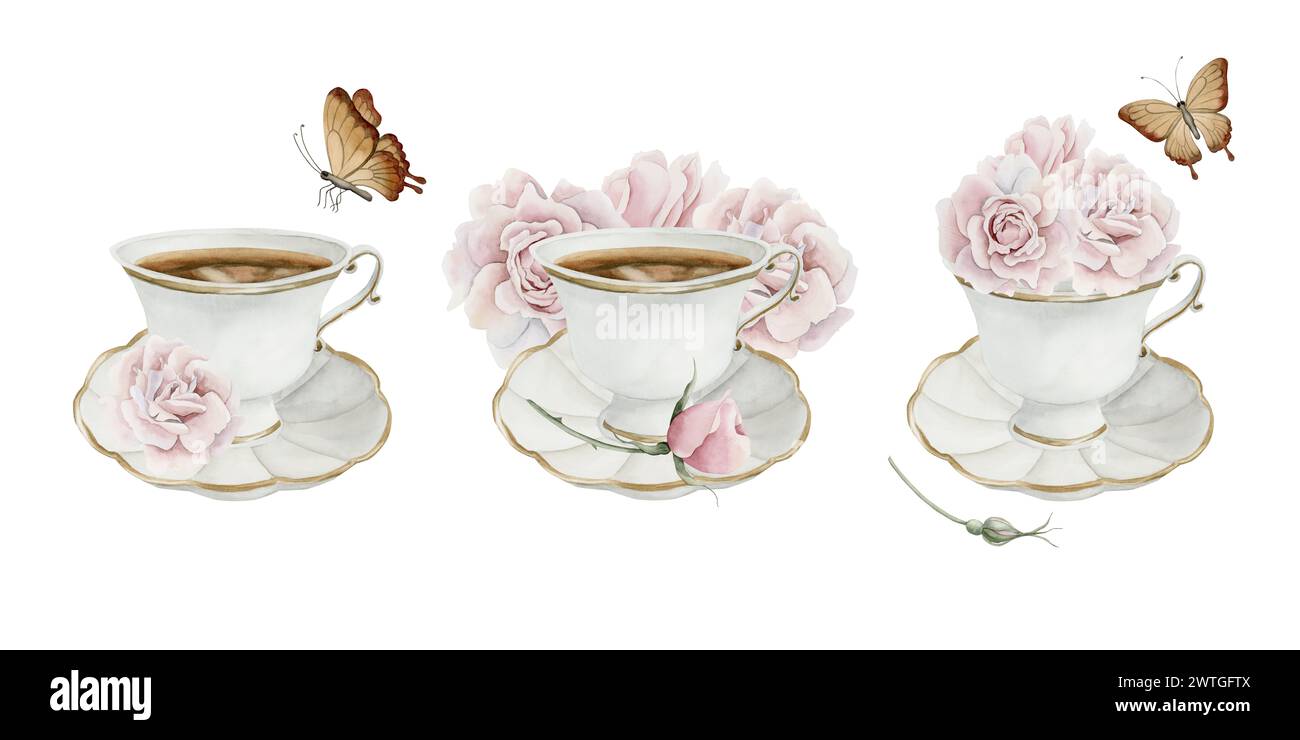 Set di composizioni con tazza di tè, fiori rosa e rosa all'anca, bacche rosse e farfalle marroni. Illustrazione ad acquerello floreale dipinta a mano isolata su Foto Stock