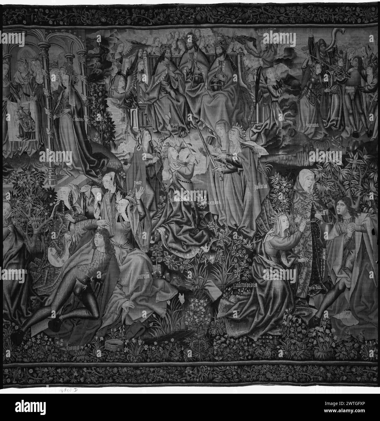 Pace e Misericordia vincono la promessa di redenzione per l'uomo. Sconosciuto c. 1500-1520 arazzi dimensioni: H 13'3' x W 26' arazzi materiali/tecniche: Lana (ordito: 14-15/poll.; 5-6cm); lana e seta (trama) Cultura: Paesi Bassi meridionali storia di proprietà: Juan Rodríguez de Fonsca coll., vescovo di Burgos (acquistato in totale 8 arazzi tra il 1519 e il 1524); lasciato in eredità alla Cattedrale di Burgos nel 1526. Cattedrale di Burgos coll.; venduta nel 1926. French & Co. Ha acquistato da Mr. R. [Raimundo] Ruiz, fatturato 5/7/1931; venduto al Metropolitan Museum of Art 2/4/1938. Stati Uniti, New York, New York, il Metropolitan Mus Foto Stock