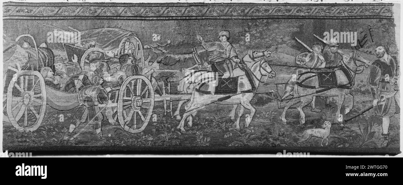 Frammento di bordo. Pannemaker, Wilhelm de (fiammingo (prima del 1600) - Fiandre, atto. 1535-1578) (laboratorio) [tessitore] c. 1560 arazzi materiali/tecniche: Cultura sconosciuta: Centro di tessitura fiammingo: Bruxelles storia della proprietà: Baron Herzog coll., Budapest. French & Co. Ha ricevuto dalla baronessa Marie de Reitzes il 14/12/1949; ha restituito il 26/1/1951. Un gruppo di personaggi in un carro trainato da cavalli, un uomo cavalca 1 dei 3 cavalli, altri 3 uomini camminano lungo il carro laterale la scheda di magazzino afferma che si trattava di un arazzo in una cornice. French & Co. Foglio di magazzino in archivio, 80922 Foto Stock