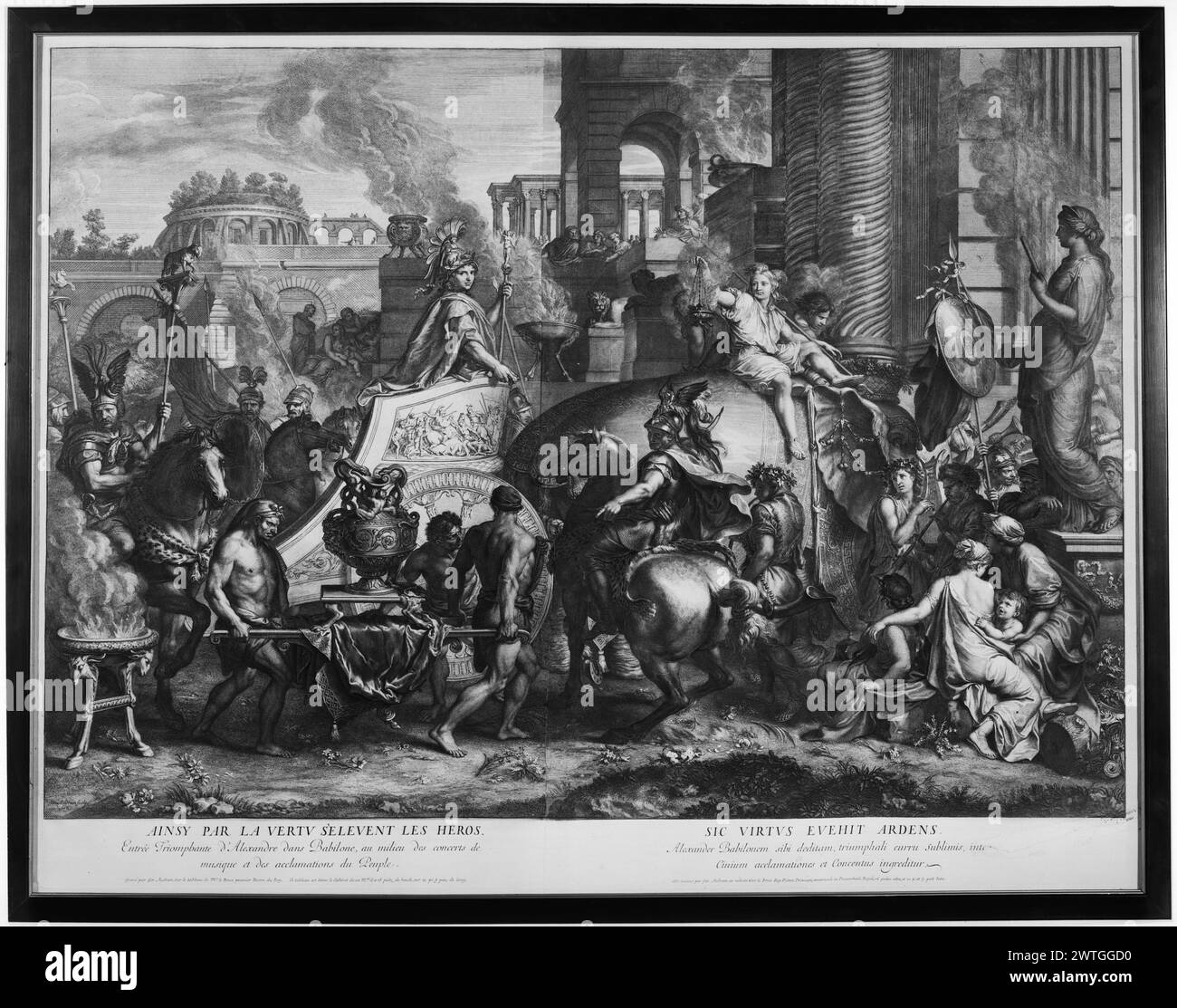 Ingresso di Alessandro a Babilonia. Audran, Girard (francese, 1640-1703) (autore del design) [stampatore] c. 1700-1725 arazzi dimensioni: H 13'4' x W 24'4' arazzo materiali/tecniche: Cultura sconosciuta: Flemish Weaving Center: Bruxelles storia della proprietà: French & Co. Acquistato dalla sig.ra David S. Goldhirsch, fatturato 1/2/1940; restituito, 3/30/1955. Alessandro entra trionfalmente a Babilonia nel suo carro trainato da elefante (centro, terreno centrale); Alessandro punta verso l'uomo a cavallo, Govenore di Babilonia, che dirige 2 uomini che trasportano un grande vaso (centro, primo piano); grande statua della regina Semiramina (R, for Foto Stock