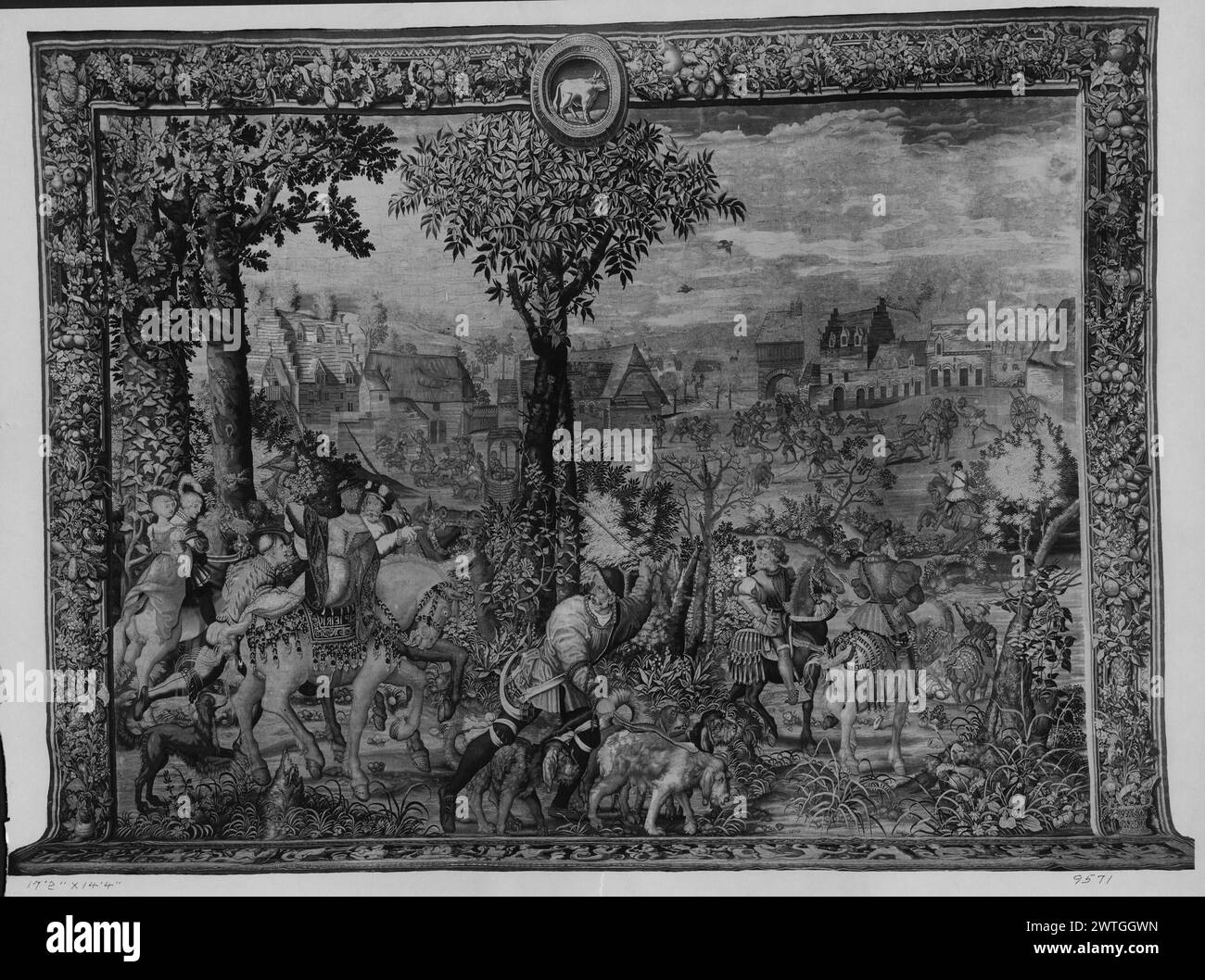 Arrivo al rifugio di caccia. Orley, Bernart van (olandese (prima del 1600) - Fiandre, CA.1492-1542) (autore di design, attr.) [Pittore] Lacroix, Jean de II (francese, ca.1640-d.1714) (laboratorio) [tessitore] 1692-1693 arazzi dimensioni: H 14'3' x W 17'3' arazzi materiali/tecniche: Lana e seta (ordito: 19-21/inch) Cultura: Tessitura francese Centro: Parigi storia di proprietà: Garde Meuble (1693-ca. 1789). Château de Fontainebleau (ca. 1789). Probabilmente a Mme d'Houdemare coll. (bef. 1903). A. Doucet, Parigi (1909). Mrs. Whitelaw Reid Coll., Ophir Hall, Purchase, New York; venduta alla American Art associati Foto Stock