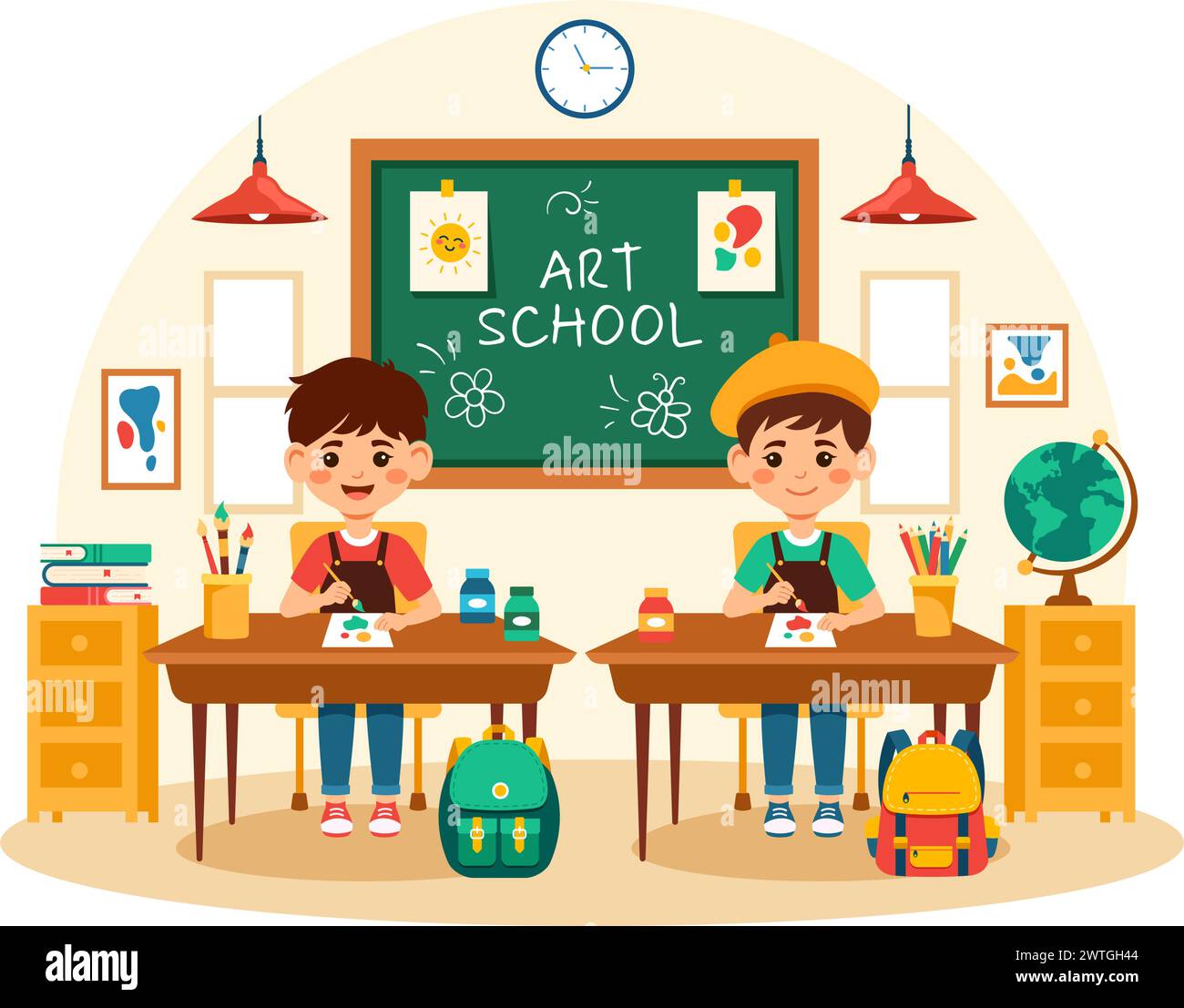 Illustrazione vettoriale della scuola d'arte con i bambini della pittura con modello dal vivo o oggetto che utilizza strumenti e attrezzature in Flat Cartoon background Design Illustrazione Vettoriale