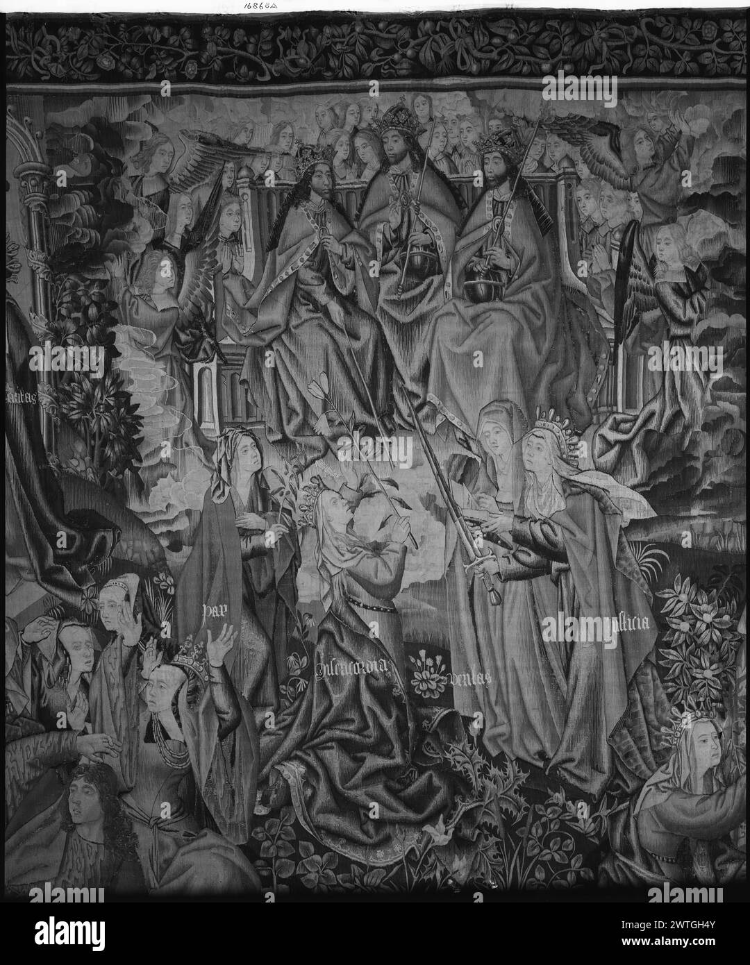 Pace e Misericordia vincono la promessa di redenzione per l'uomo. Sconosciuto c. 1500-1520 arazzi dimensioni: H 13'3' x W 26' arazzi materiali/tecniche: Lana (ordito: 14-15/poll.; 5-6cm); lana e seta (trama) Cultura: Paesi Bassi meridionali storia di proprietà: Juan Rodríguez de Fonsca coll., vescovo di Burgos (acquistato in totale 8 arazzi tra il 1519 e il 1524); lasciato in eredità alla Cattedrale di Burgos nel 1526. Cattedrale di Burgos coll.; venduta nel 1926. French & Co. Ha acquistato da Mr. R. [Raimundo] Ruiz, fatturato 5/7/1931; venduto al Metropolitan Museum of Art 2/4/1938. Stati Uniti, New York, New York, il Metropolitan Mus Foto Stock