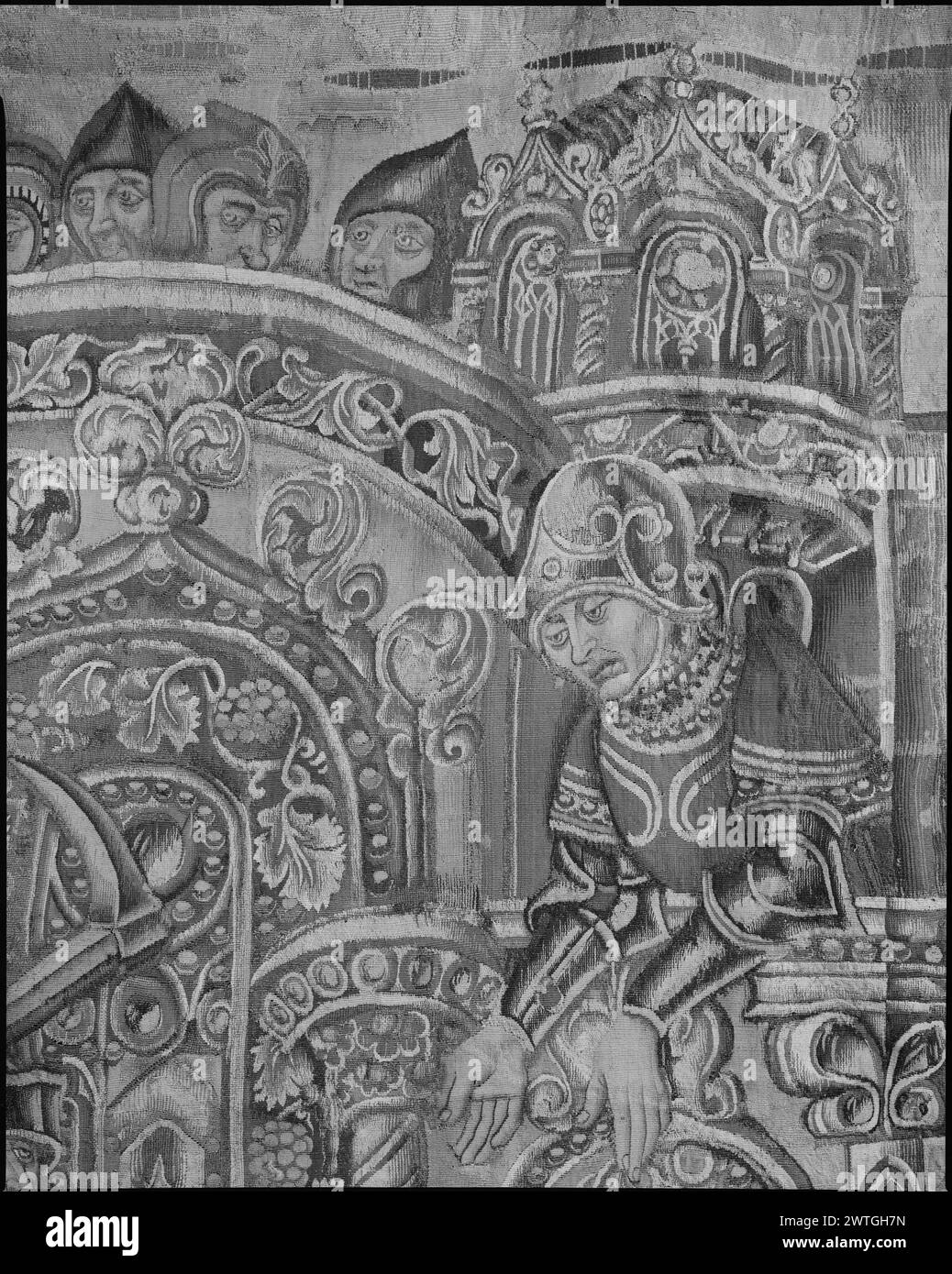 Storia della vendetta del nostro Lord6. Grenier, Pasquier (olandese (prima del 1600) - Fiandre, atto 1459-d.1493) (laboratorio, attr.) [tessitore] c. 1460-1470 arazzi dimensioni: H 12' x P 17'6' arazzi materiali/tecniche: Lana (ordito: 11/cm); lana e seta Cultura: Paesi Bassi meridionali storia di proprietà: French & Co. Acquistato da Raoul Heilbronner, fatturato 7/11/1927; venduto al Musée d'Histoire et d'Archéologie, Tournai 1/3/1964. Belgio, Hainaut, Tournai, Musée d'histoire et d'archéologie. Soldati romani a piedi che forzano il cancello, esercito composto da lancieri, arbalestri, soldato che entra in casa (centro, centro, centro Foto Stock