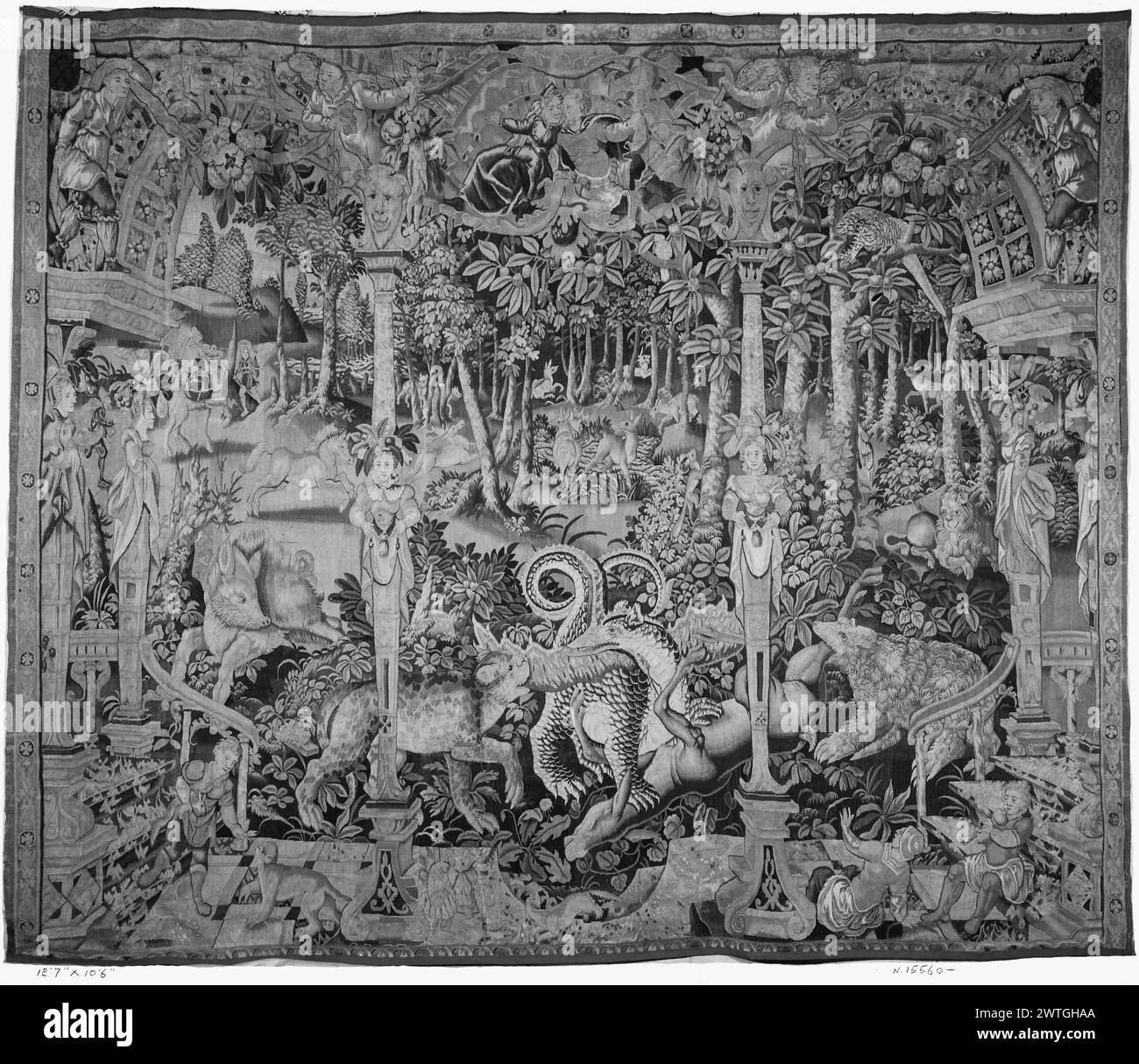 Pergola con drago nel parco degli animali. Sconosciuto c. 1600-1620 arazzi dimensioni: H 10'6' x W 12'7' arazzi materiali/tecniche: Sconosciuto Cultura: Flemish Weaving Center: Sconosciuto storia di proprietà: French & Co. Ricevuto da Arnold Seligmann, Rey & Co., Inc. Fatturato 7/1/1930; restituito 11/30/1931. Opere correlate: Pannelli in serie: GCPA 0184717-0184718, 0184222, 0237346-0237347 opere correlate: Pezzo simile con il marchio della città di Oudenarde & tessitori a Mobilier National, Parigi. Altri senza marchi nelle collezioni belghe. Foto Stock