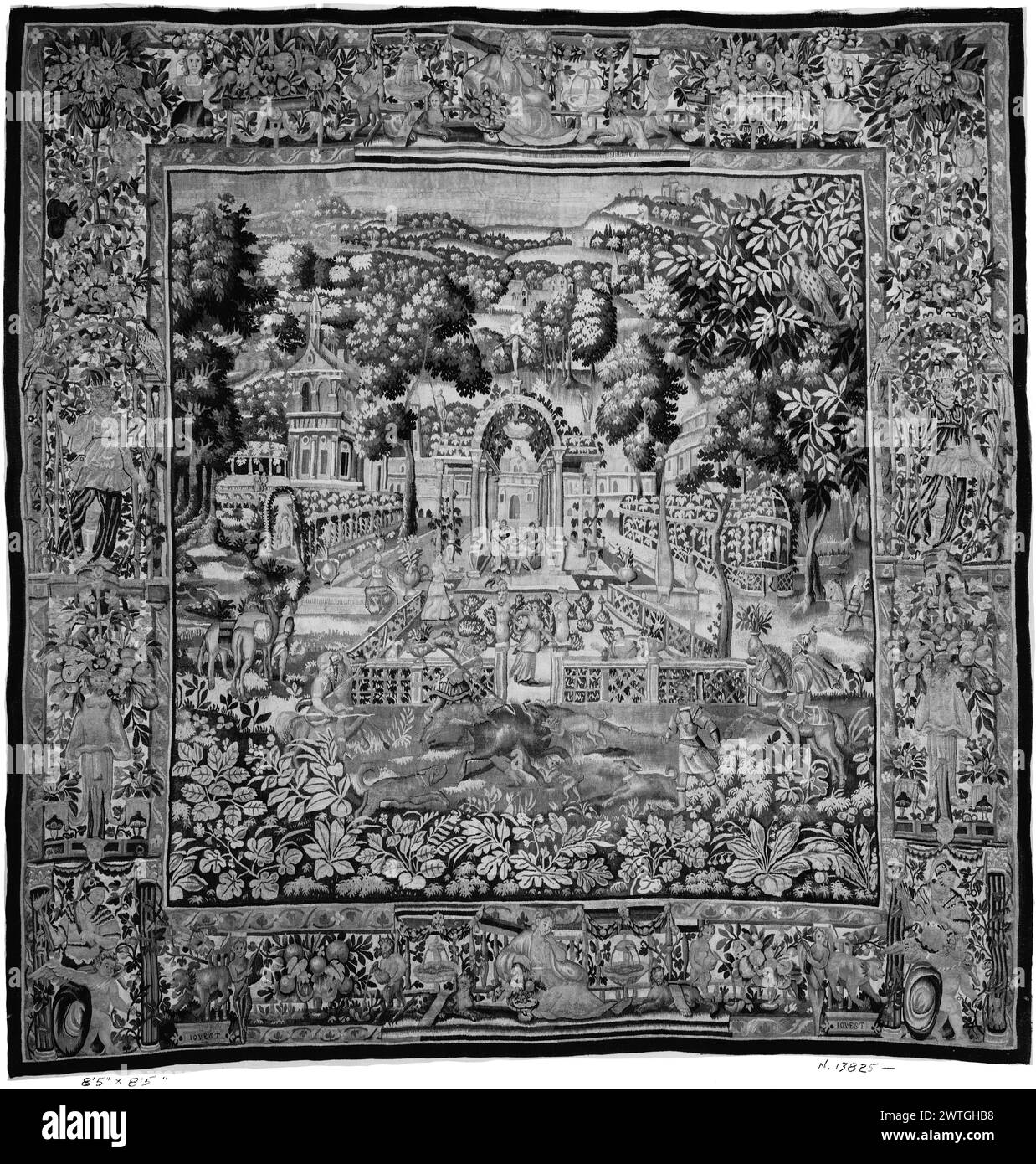 Parco giochi con soldati romani che cacciano cinghiali accanto al parco giardino. Sconosciuto c. 1580-1600 arazzi dimensioni: H 8'5' x W 8'5' arazzo materiali/tecniche: Sconosciuta Cultura: Flemish Weaving Center: Bruxelles storia di proprietà: French & Co. Foto Stock