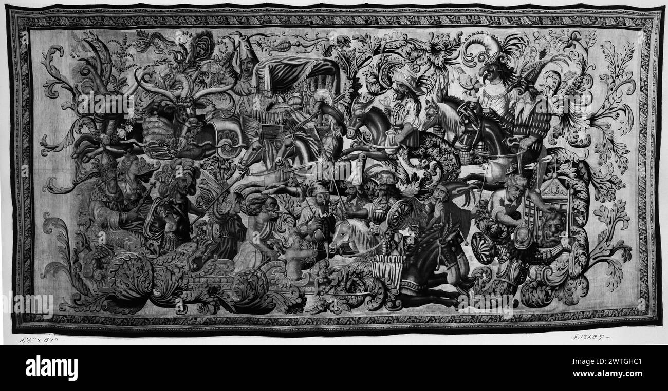 Parlamento della morte con grottesche. Poyntz, Francis (inglese, atto 1668, d.1685) (laboratorio, attr.) [tessitore] c. 1670-1680 arazzi dimensioni: H 8'1' x W 16'6' arazzi materiali/tecniche: Cultura sconosciuta: English Weaving Center: Unknown Ownership History: French & Co. Ricevuto da Henry Symons, fatturato 4/20/1929; restituito, 6/30/1934. Don Chisciotte (?) Montato a cavallo, cavalcando con carovane di figure carnavalesche, alcune montate a cavallo, altre in carro; leoni in gabbie circondati da figure montate a cavallo (BRD) fascia stretta con rotolo di vite French & Co. Foglio di stock in archi Foto Stock