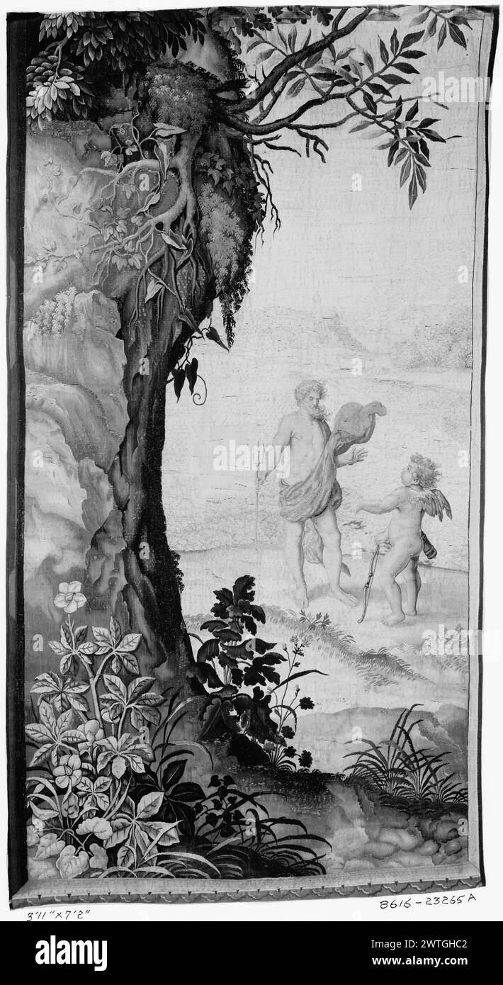 Nettuno e Cupido sulla riva del mare. Cleyn, Franz (tedesco, 1582-1658) (creatore di cartoni animati) [pittore] Maecht, Philipp de (fiammingo, atto. 1605-1652, d. bef.1655) (officina, attr.) [tessitore] c. 1700-1800 arazzi dimensioni: H 7'2' x W 3'11' arazzi materiali/tecniche: Cultura sconosciuta: English Weaving Center: Mortlake Ownership History: French & Co.. Albero (L primo piano), Nettuno (Poseidone) e Cupido (R medio terreno) (UPR BRD) grottesche con stemma (CTR), possibilmente di Charles-Auguste de Goyon, Conte de Matignon Fragment. Bordo aggiunto dopo l'arazzo intrecciato. Ci sono diversi set di questa serie. Vedere SIP Foto Stock