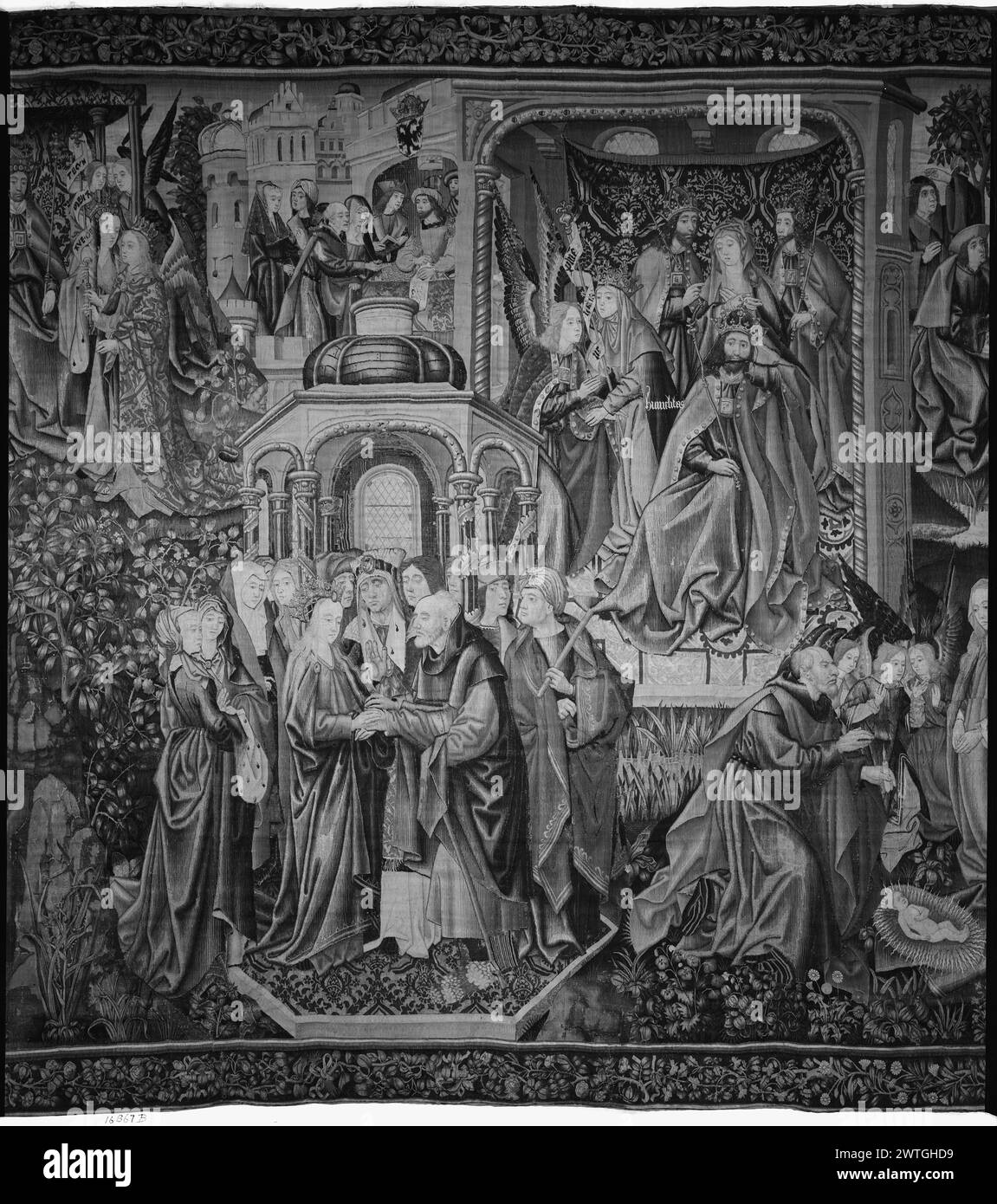 Cristo nasce come Redentore dell'uomo. Sconosciuto c. 1500-1520 arazzi dimensioni: H 13'3' x W 26' arazzi materiali/tecniche: Lana (ordito: 15-18/poll.; 6-7 cm); lana e seta (trama) Cultura: Paesi Bassi meridionali storia di proprietà: Juan Rodríguez de Fonsca coll., vescovo di Burgos (acquisto totale di 8 arazzi tra il 1519 e il 1524); lasciato in eredità alla Cattedrale di Burgos nel 1526. Cattedrale di Burgos coll.; venduta nel 1926. French & Co. Ha acquistato da Mr. R. [Raimundo] Ruiz, fatturato 5/7/1931; venduto al Metropolitan Museum of Art 2/4/1938. Stati Uniti, New York, New York, Metropolitan Museum of Art, accno Foto Stock